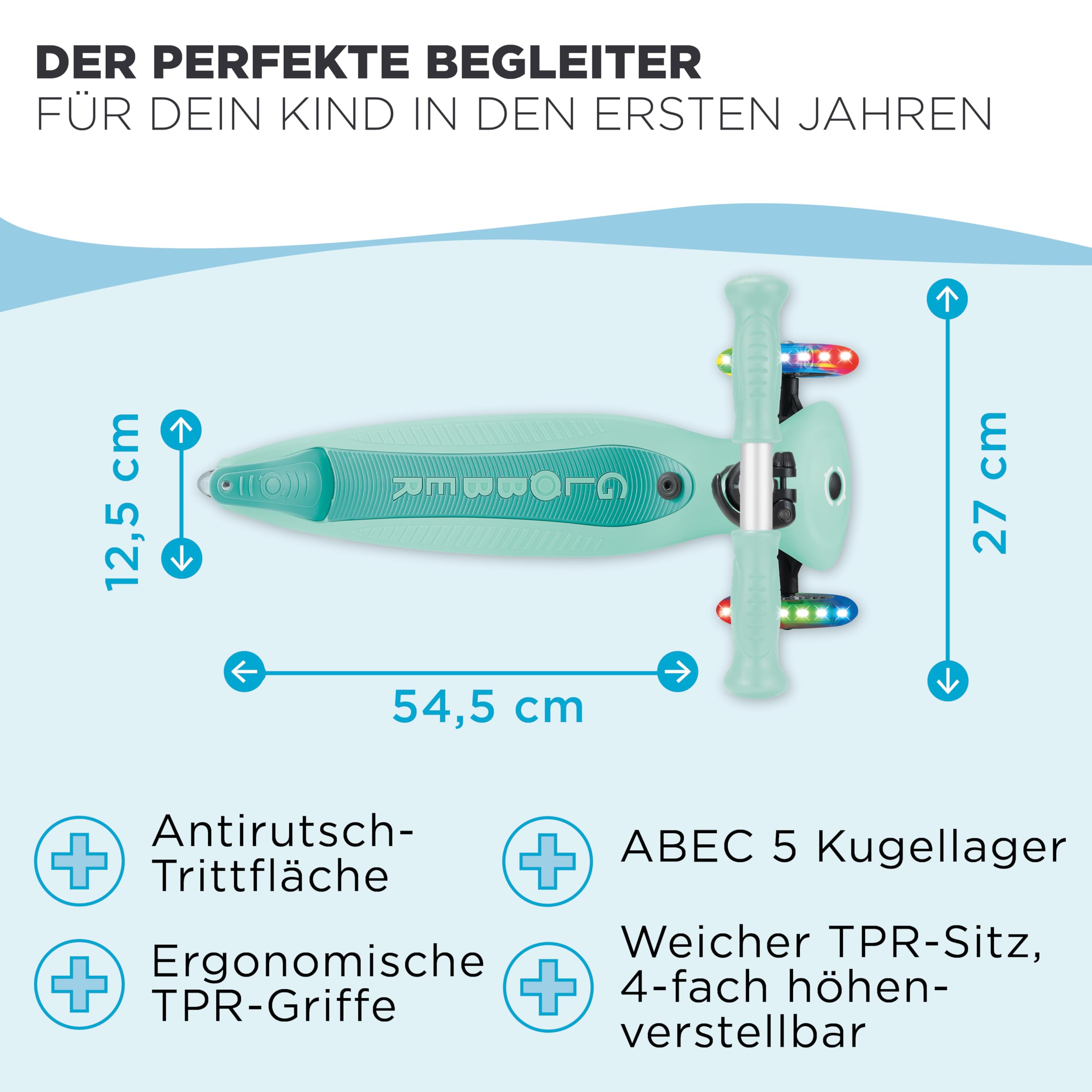 Globber Go Up Active Beleuchtung, 360 Grad, Evolutionärer Roller mit Sitz und Lichtern für Kleinkinder ab 15 Monaten