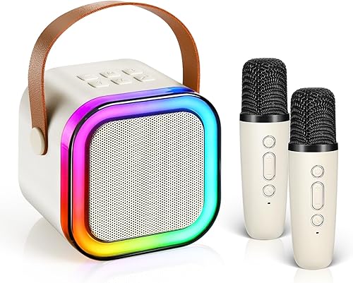 Máquina de karaoke para niños con 2 micrófonos inalámbricos, altavoz Bluetooth portátil para niños con luces LED, divertidos regalos de cumpleaños