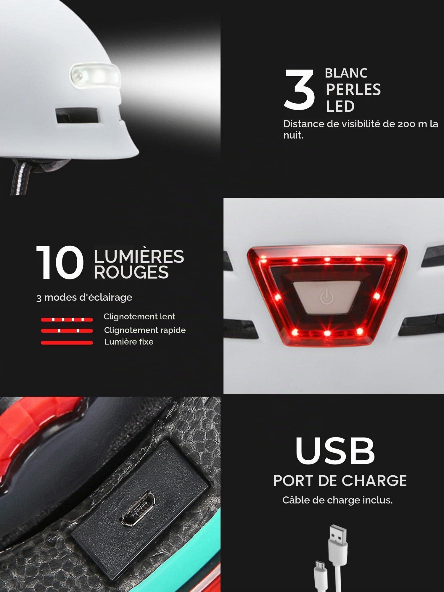 Casque de Vélo ou Scooter Électrique avec Voyant Rouge + feu Avant Blanc Casque VTT, Planche à roulettes, Patins Léger avec Doublure Amovible, Coque PC + EPS, 14 évents et Câble de Chargement USB