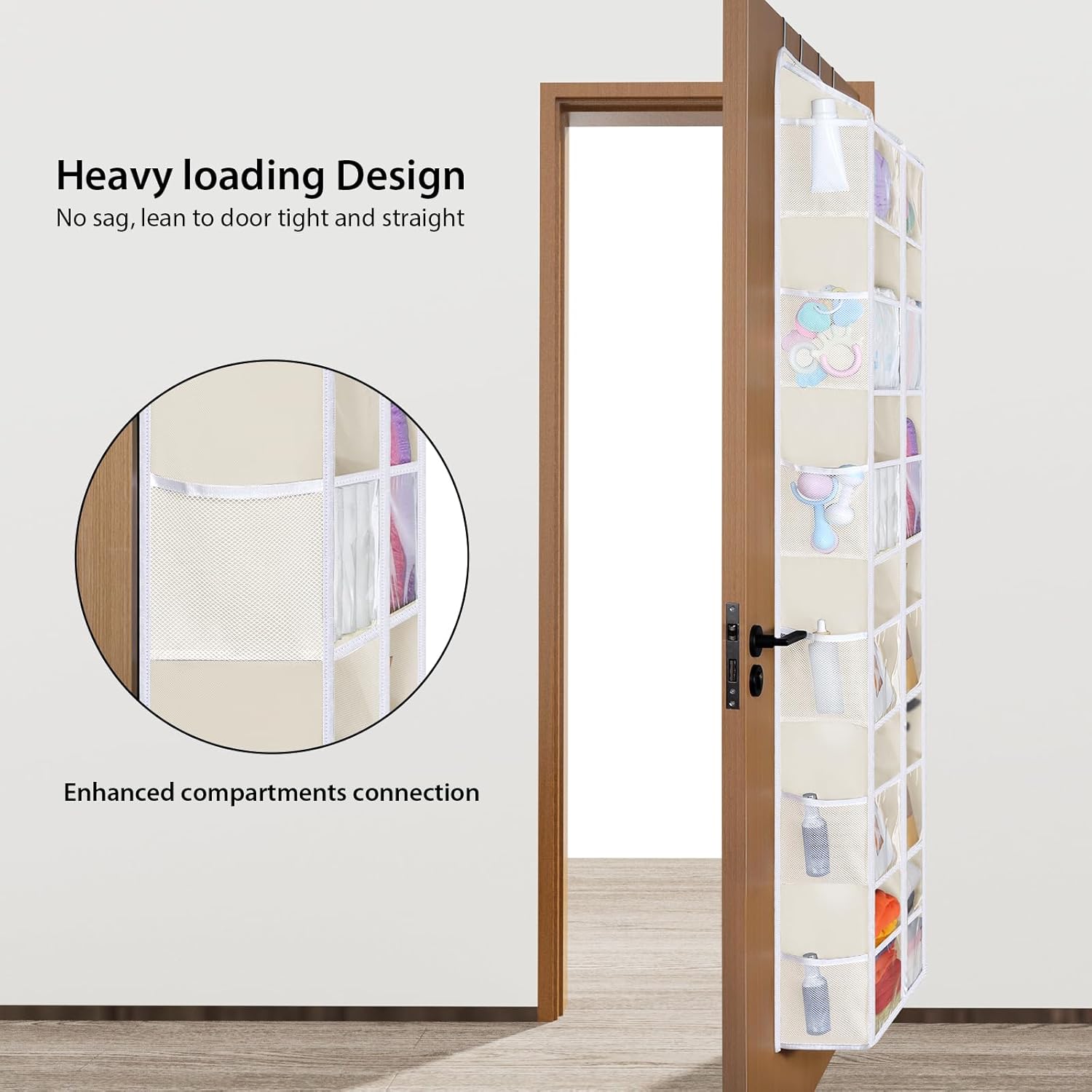 Univivi Over the Door Organizer, 6 Tiers Behind Door Storage with Clear Deep Pockets Hanging Organizer for Closet, Bedroom, Nursery, Bathroom and Sundries (Beige)