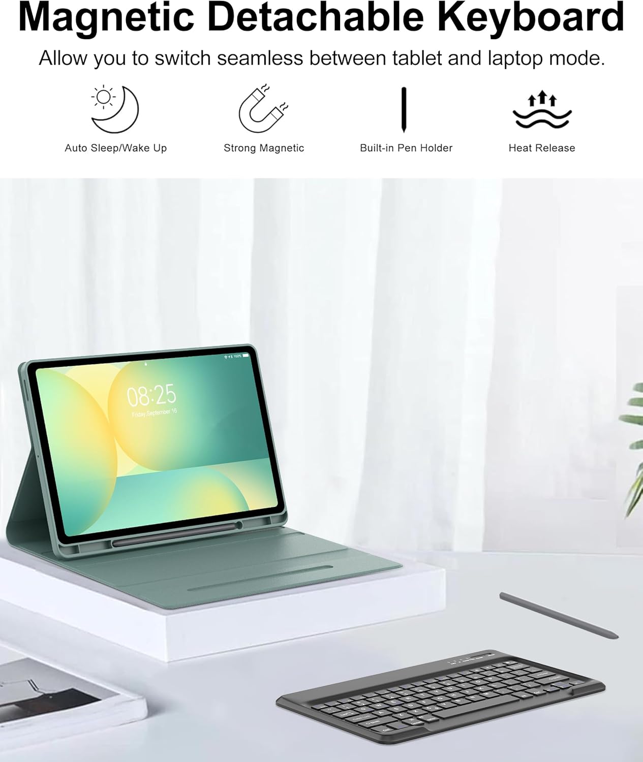 Keyboard Case for Samsung Galaxy Tab S10 FE+ Plus 2025, Detachable Galaxy Tablet S10FE+ Case with Keyboard 13.1inch, Protective Smart Cover with S Pen Holder for Samsung Tab S10FE Plus Keypad, Green