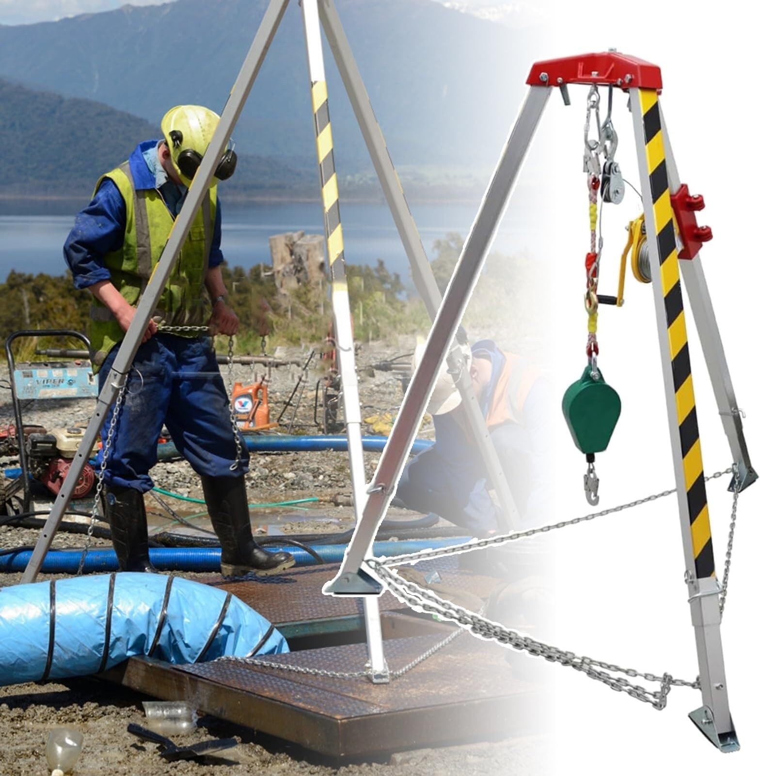 WXPGFEQ Emergency Rescue Tripod Adjustable Aluminum Rescue Tripod for Confined Spaces 1800 lb Winch Safety Device for Manholes Portable Fall Arrest System