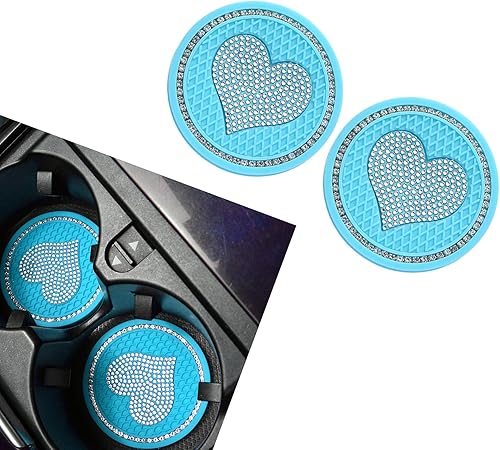 2 PCS Bling Car Cup Coaster, 2.7In x 0.1In Heart Anti-Slip PVC Vehicle Cup Mat Replacement, Universal Waterproof Durable Automotive Interior Decor