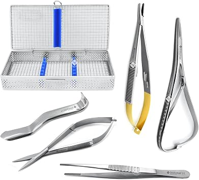 PERIO IMPLANT 5Pcs Suture Practice Dental Students Suturing Micro Scissors Forceps Needle Holders Setup Tray with free Cassette for Scalers