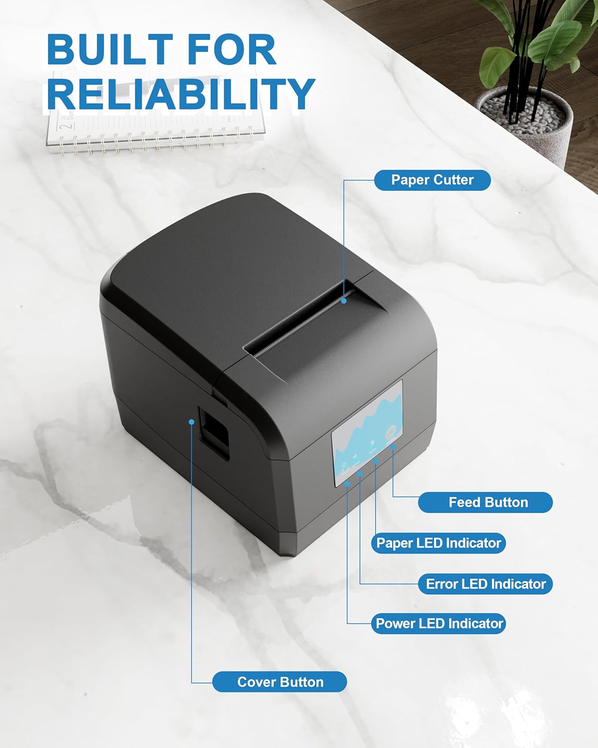 ZYWELL Thermal Receipt Printer, ZY908 Pos Printer 80mm with Auto Cutter Support Cash Drawer for Restaurant Kitchen,USB Ethernet Port Support Windows/Mac/Linux, No Square/Shopify(Black)