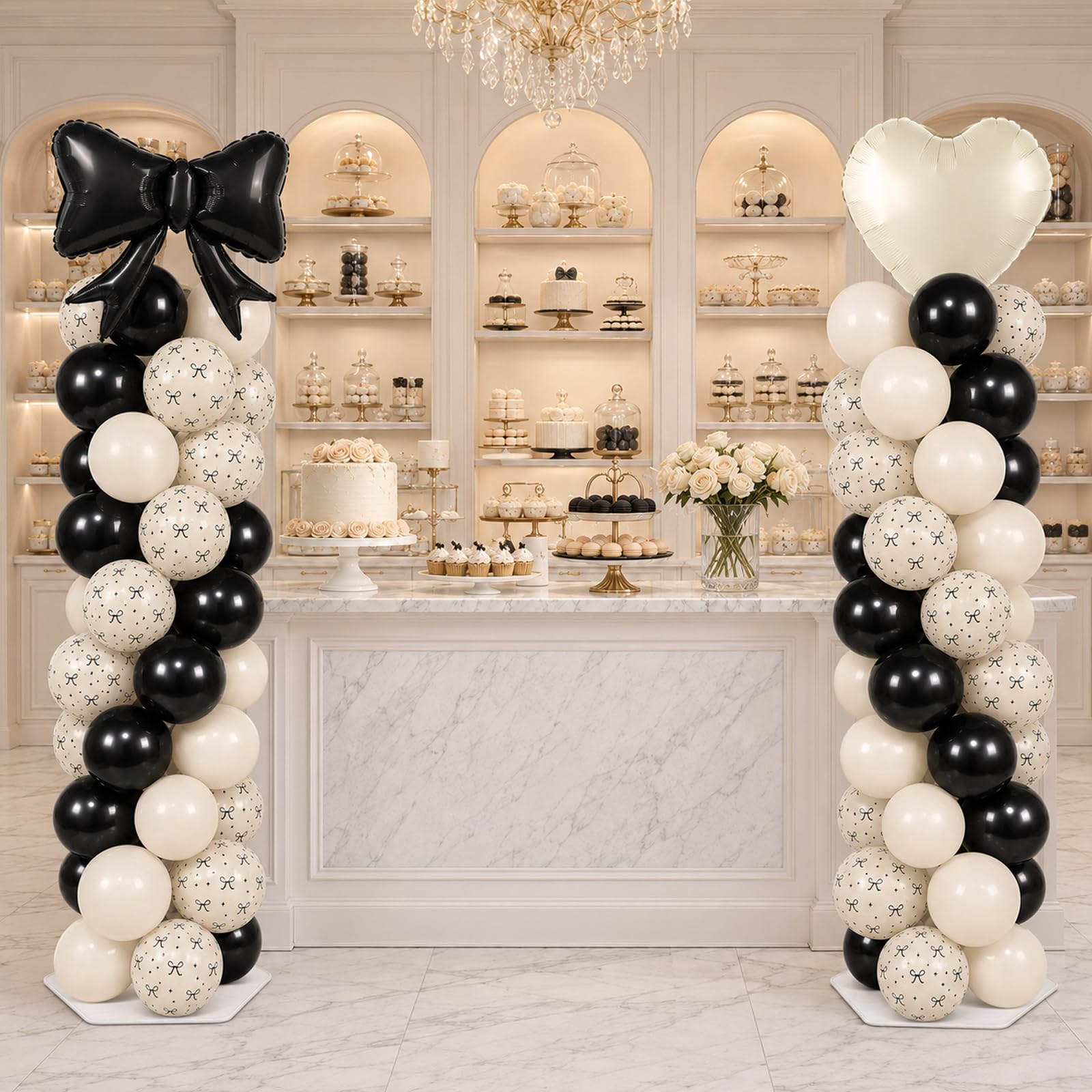 Palloncino a forma di cuore bianco a forma di racchetta con fiocco nero, decorazione con supporto