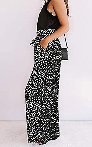 Miniatura 6 de ECOWISH - Pantalón para mujer, de algodón suave, estilo palazzo de pernera ancha con bolsillos, cintura alta, informal, holgado y con cinturón