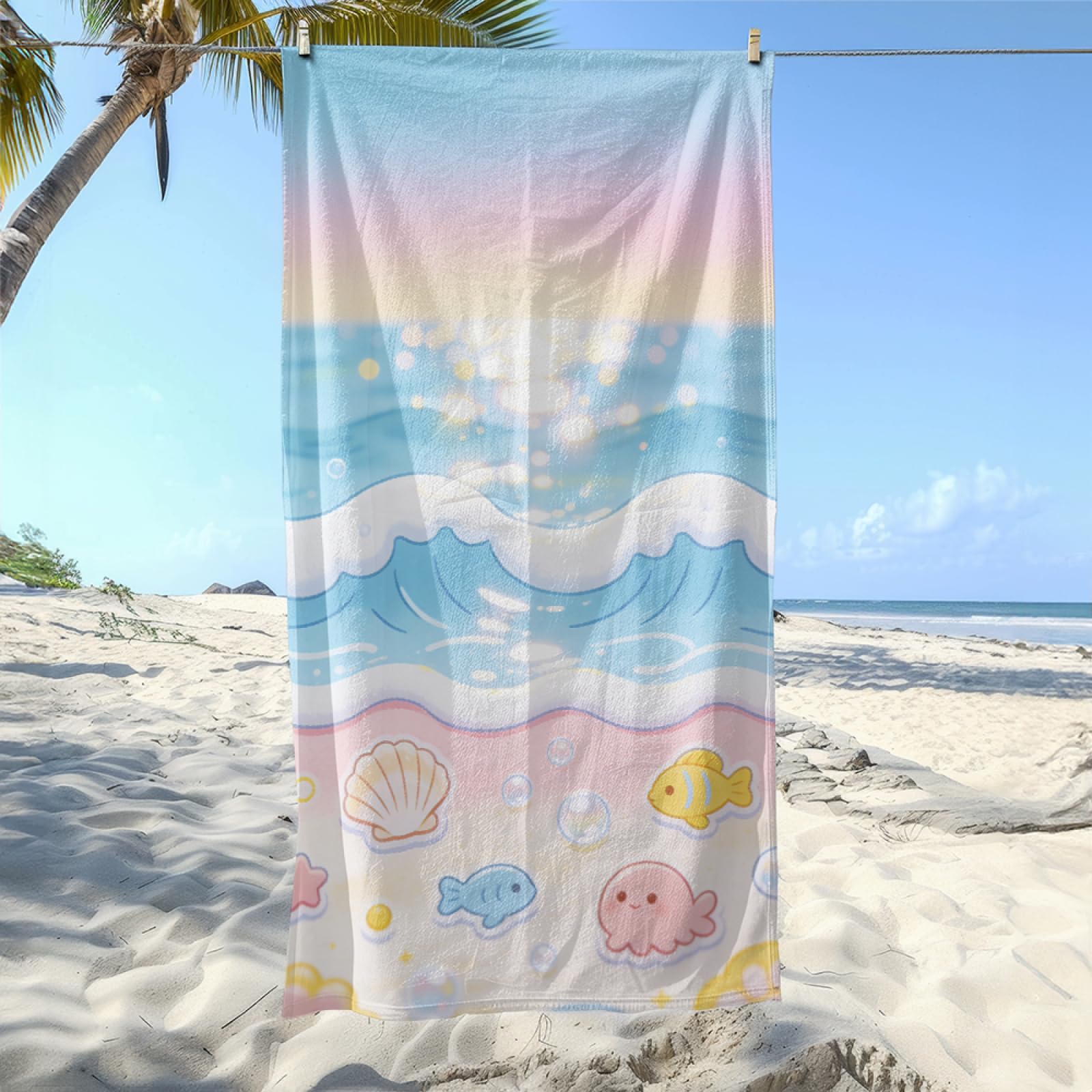 Drap de Plage XXL 200X200 Cartoon Bleu Poisson Serviettes de Plage en Microfibre,Serviette Piscine Extra Large sans Sable pour Adultes Séchage Rapide