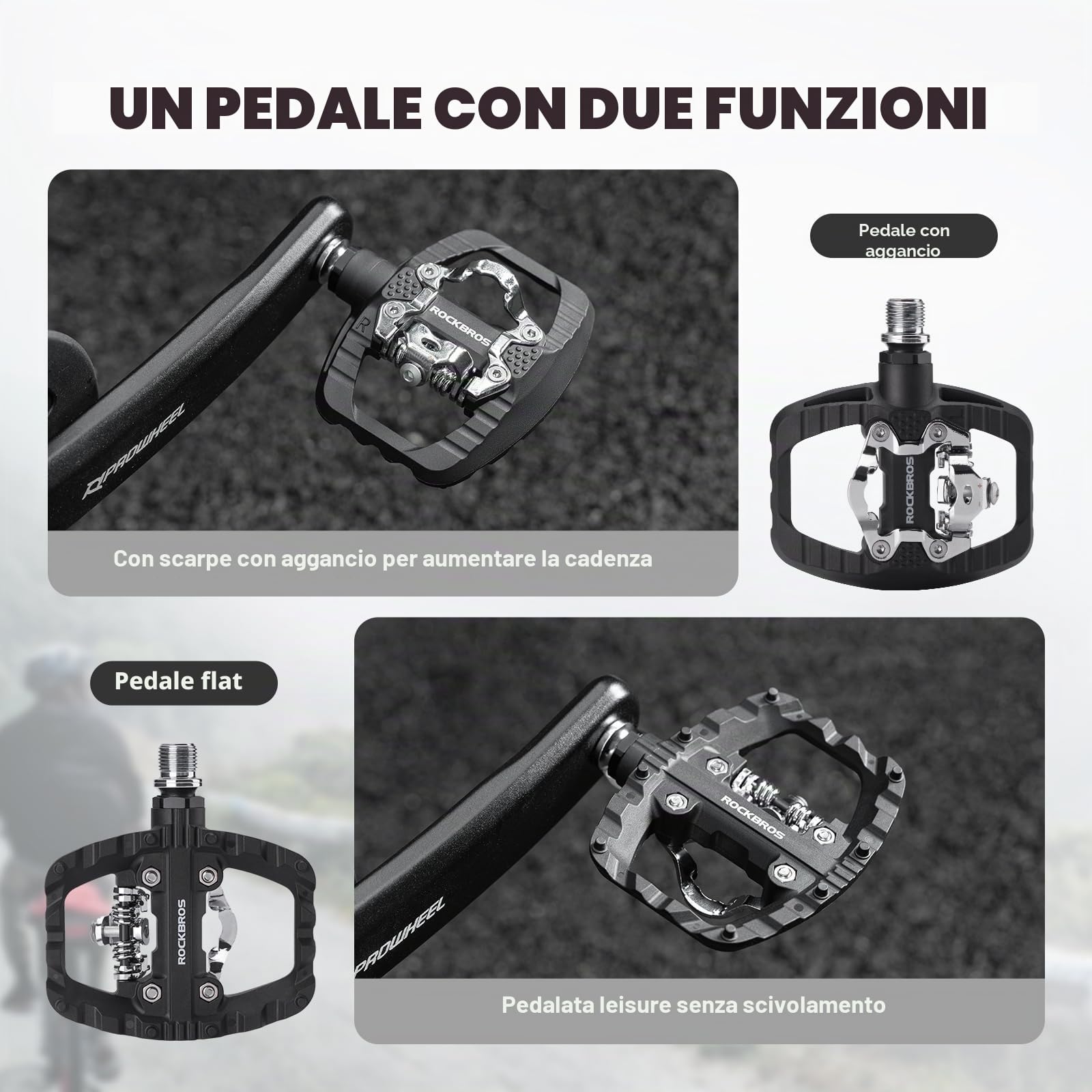 ROCKBROS Pedali Bici MTB Flat Doppia Funzione Leggeri | Pedali Bici in Nylon Leggero, Piattaforma Ampia Antiscivolo, Set Morsetti Incluso, per Strada, Gravel, MTB, Attacco 9/16"