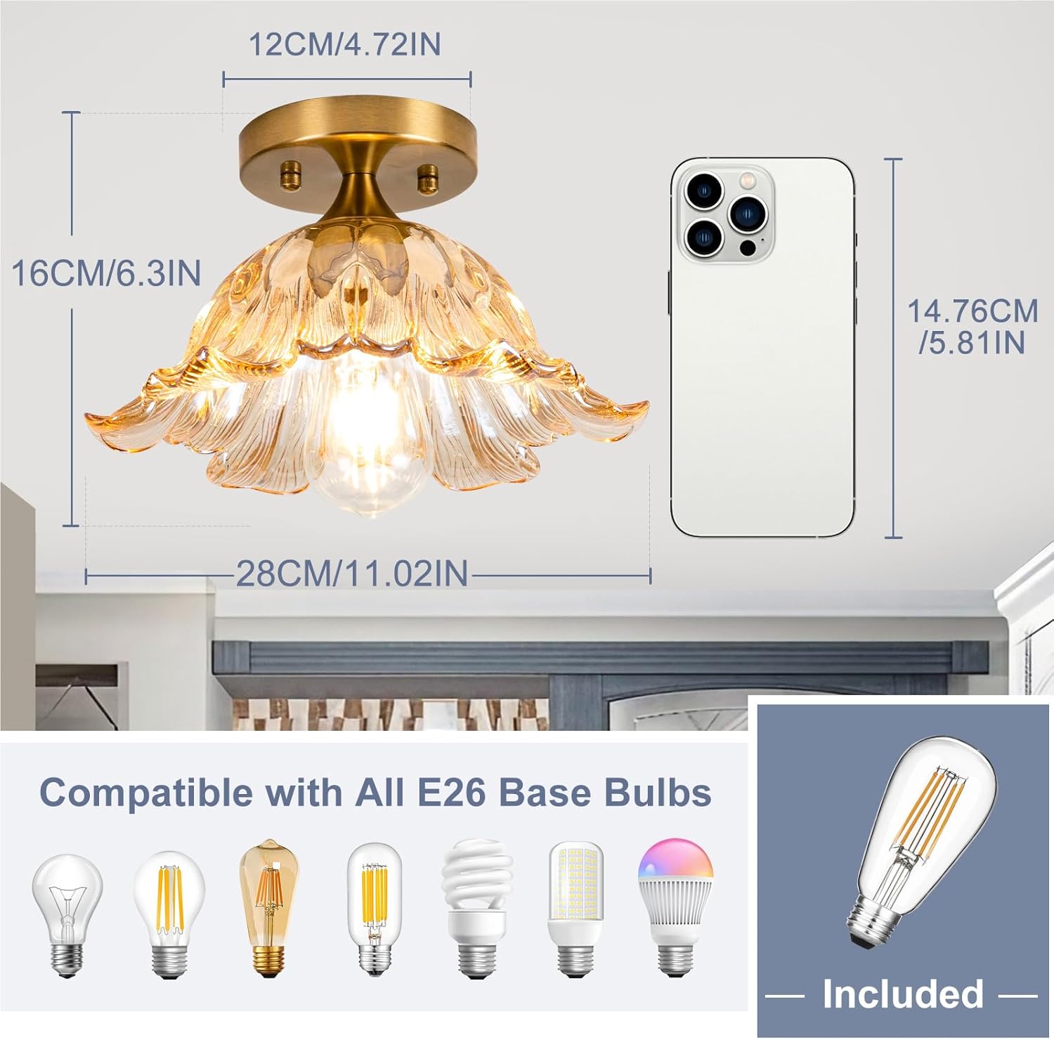 Semi Flush Mount Ceiling Light,Vintage Lights Fixture Ceiling Amber Shade Glass， E26 Ceiling Light Fixtures for Closet Kitchen Bedroom, Bulb Included