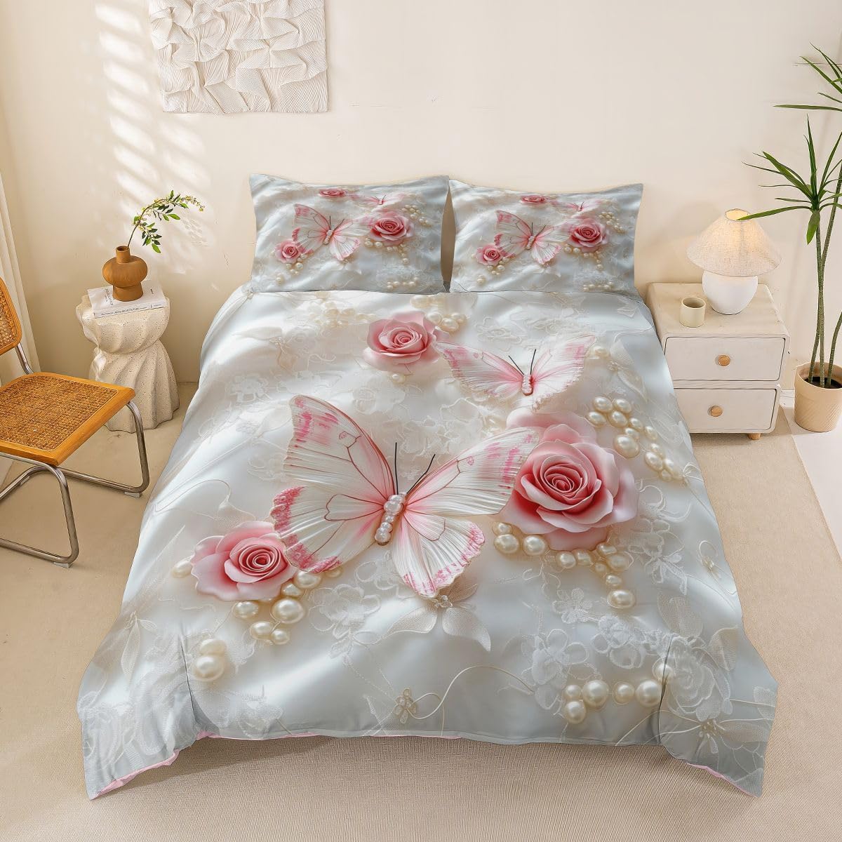 Erosebridal Cute Green Butterfly Toddler Duvet Cover Boho Florals Bedding Set Spring Wildflower Comforter Cover for Kids Girls Teens Adults Farmhouse Flower Bed Set