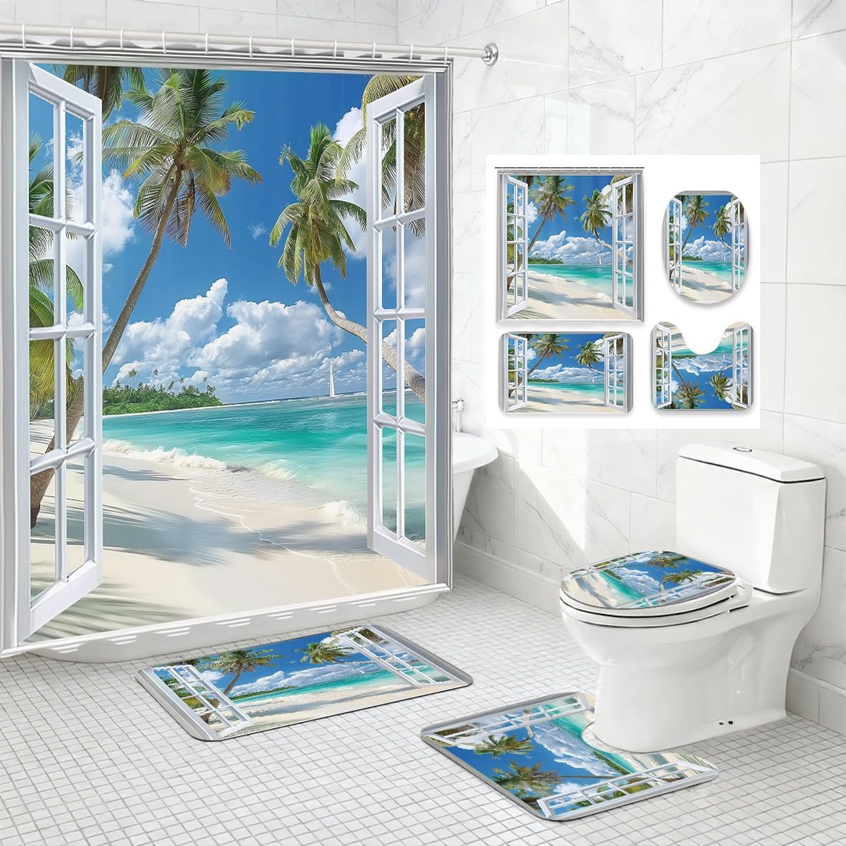 4 Piece Beach Shower Curtain Set with Non-Slip Rugs,Toilet Lid Cover, Bath Mat Tropical Beach Summer Seaside Scene Ocean Island Palm Tree Bathroom Decor Set Accessories with 12 Hooks, 72 x 72 Inch