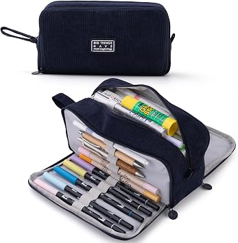 CICIMELON Big Corduroy Pen Pencil Case 3 Compartments Pouch Bag for School Supplies Office Travel Organizers, Navy