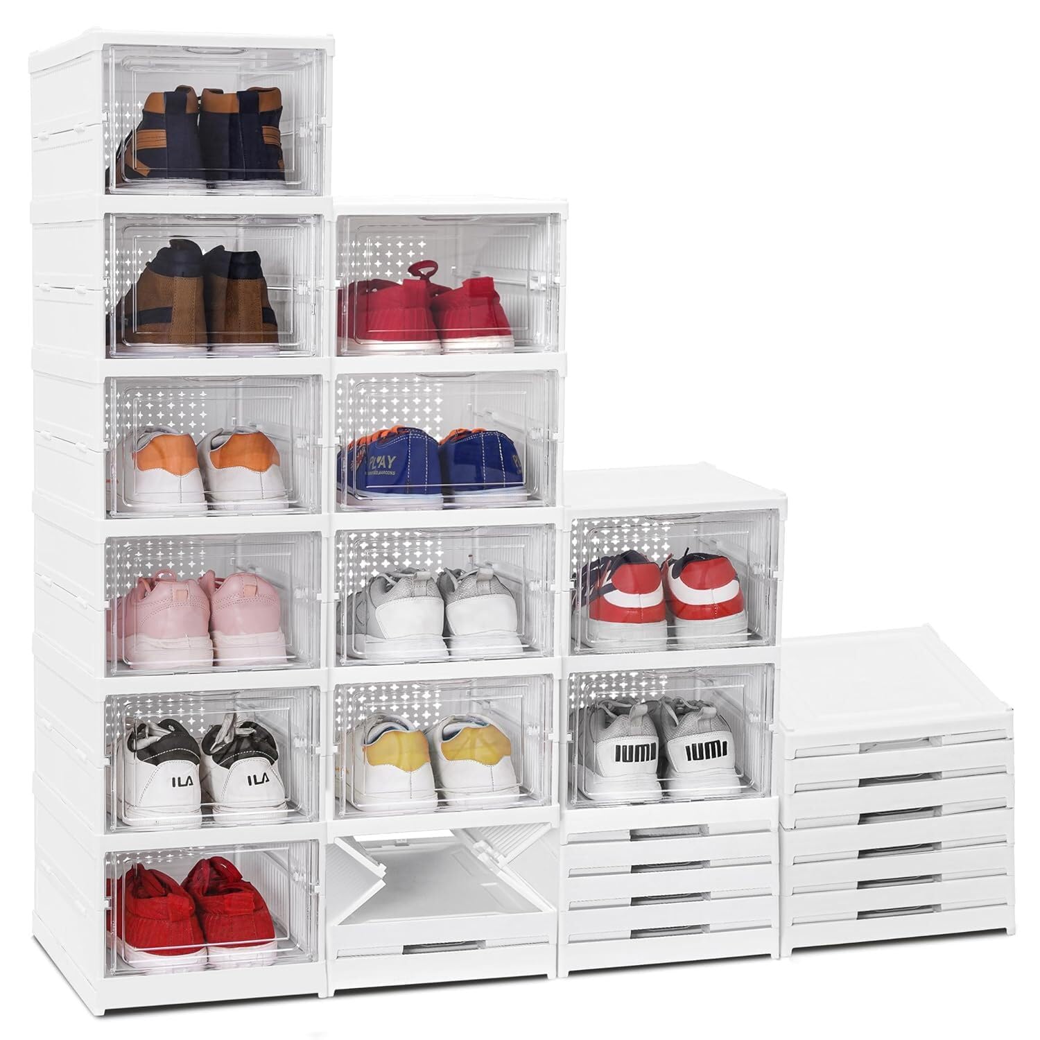 ABOUT SPACE Sneaker Box- 6 Tier Shoe Rack | Collapsible Shoe Organiser With Door-Foldable Sneaker Crates Footwear Organiser For Men, Women, Heels, Boots, Loafers, Sneakers, Slippers (White) - Plastic-image-41