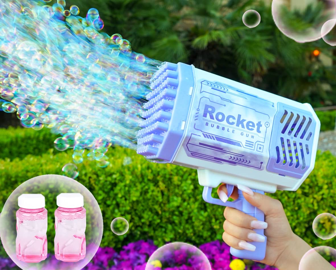 2023 Bazooka Bubble Gun, 69 Holes Bazooka Bubble Machine Gun, Rocket Bubble Gun with Lights, Bubble Blaster for Indoor Outdoor Birthday Wedding Party, Fun Toy Toddlers Kids Teens Adults Girls (Purple)