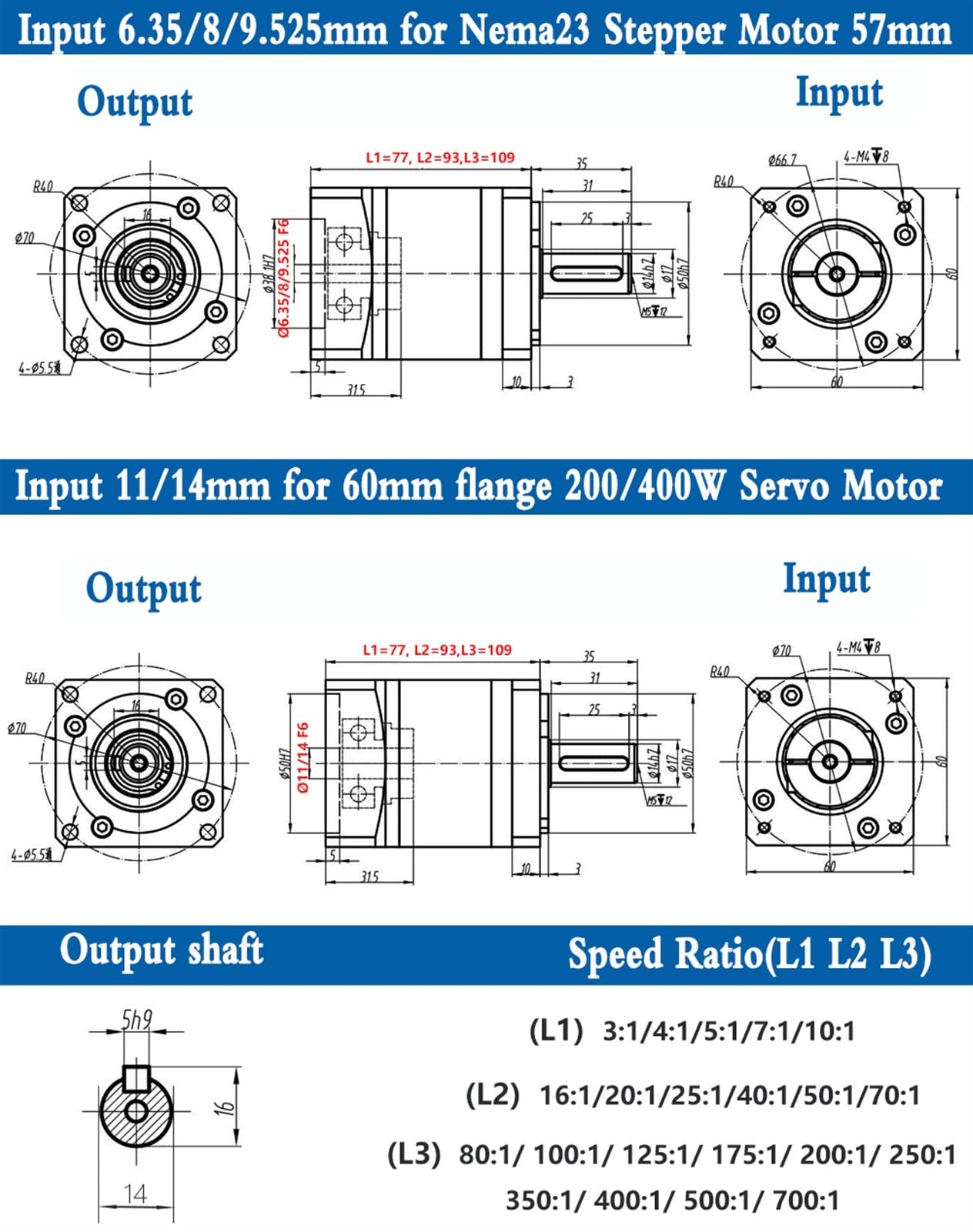 Motor paso a paso, Relación de la caja de cambios NEMA23 del reductor planetario de 57 mm 5/1 10/1~100/1 por 60 mm 20 0w 400w Servo Motor Gear Reducetion Stepper Motor CNC Kit(Ratio10,8mm input)