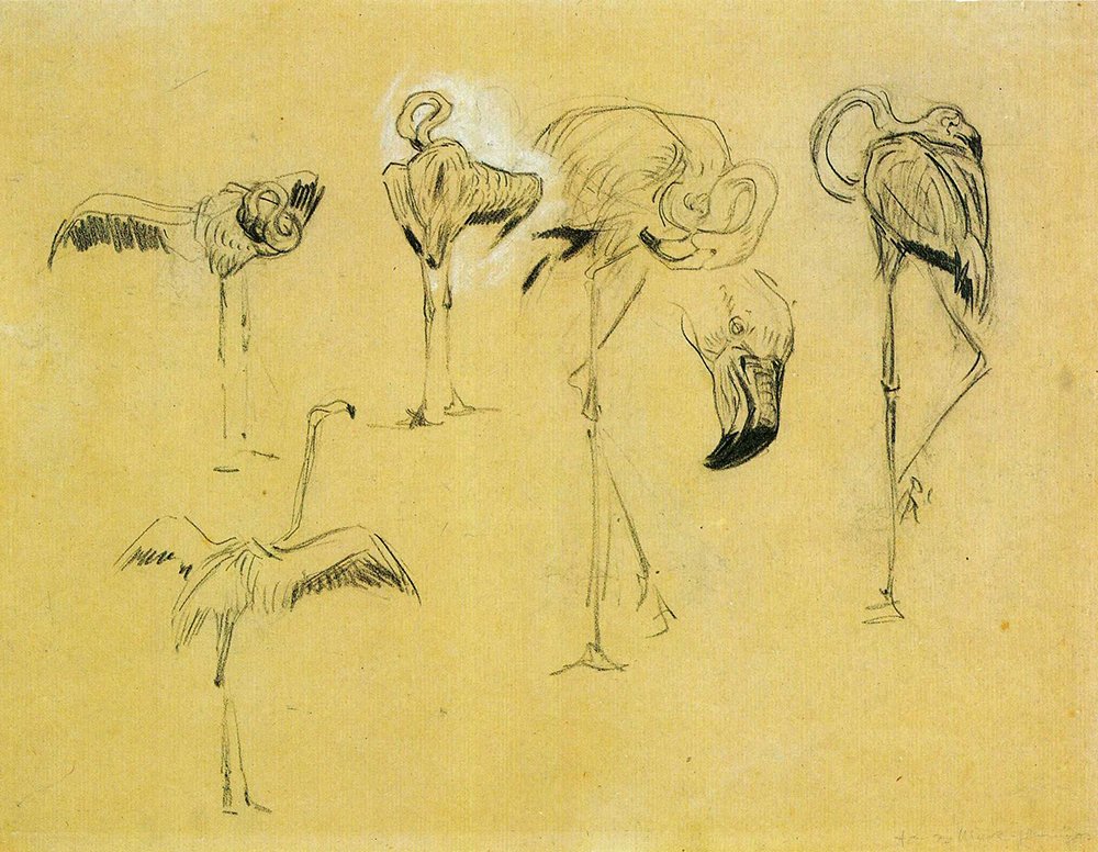 Cuadro expresionista Franz Marc Flamingos pequeño enmarcado en negro para salón moderno