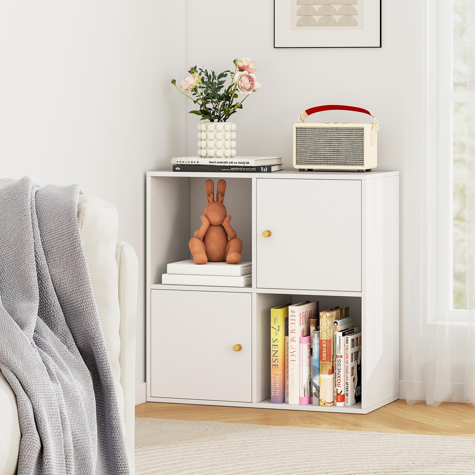 GIANTEX Estantería para Libros con 4 Cubos, Librería de Almacenaje de 2 Niveles con Puertas, Compartimentos Abiertos, Mueble Auxiliar Moderno para Salón, Estudio, Oficina, 60 x 29 x 60 cm, Blanco