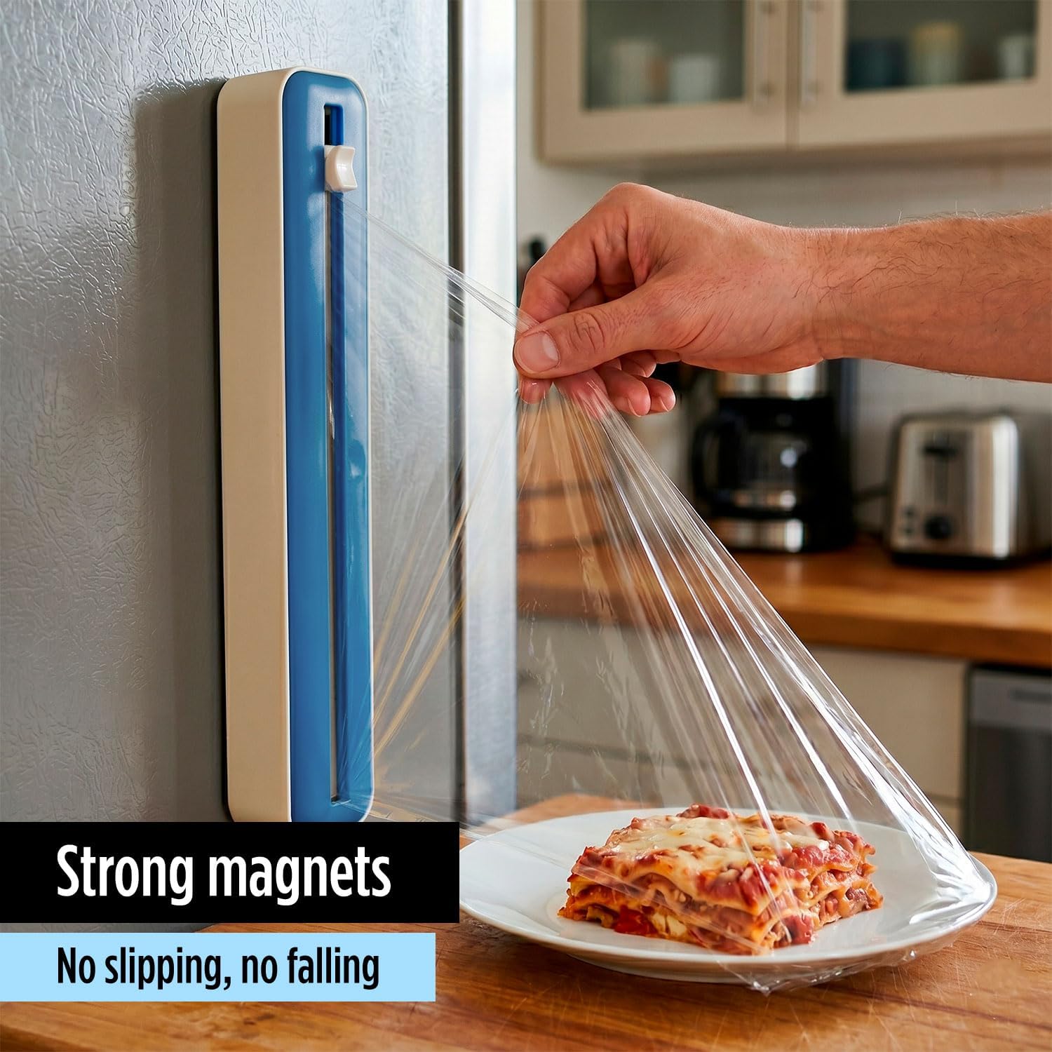 Plastic Wrap Dispenser with Cutter – Cling Film Dispenser with Slide Cutter and Suction Cups, Refillable Kitchen Wrap Organizer, Easy One-Hand Cut, Compact Space-Saving Design (Blue) image 5