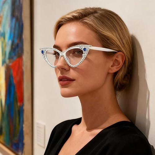 Miniatura 3 de ICARA Lentes de lectura con cristales brillantes y montura de ojo de gato retro con diamantes de imitación para mujer, lentes de computadora con