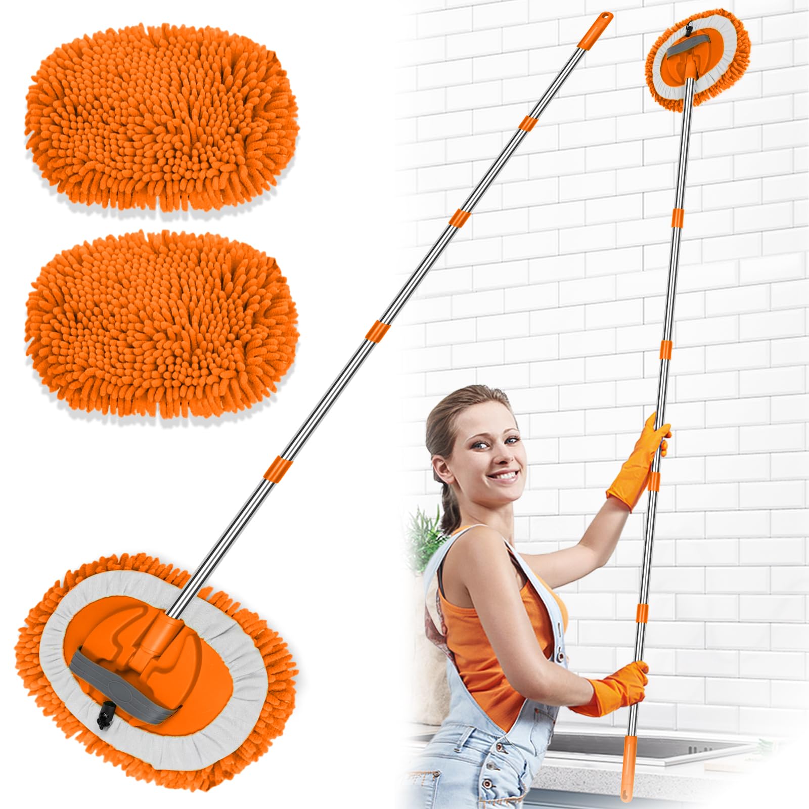 2 in 1 Lightweight Wall Cleaner Mop with Long Handle 75" 190cm Lint-Free Chenille Duster Mop for Kitchen Baseboard Floor Ceiling Glass Window Roof Adjustable Cleaning Brush Tool, 2 Replacement Heads