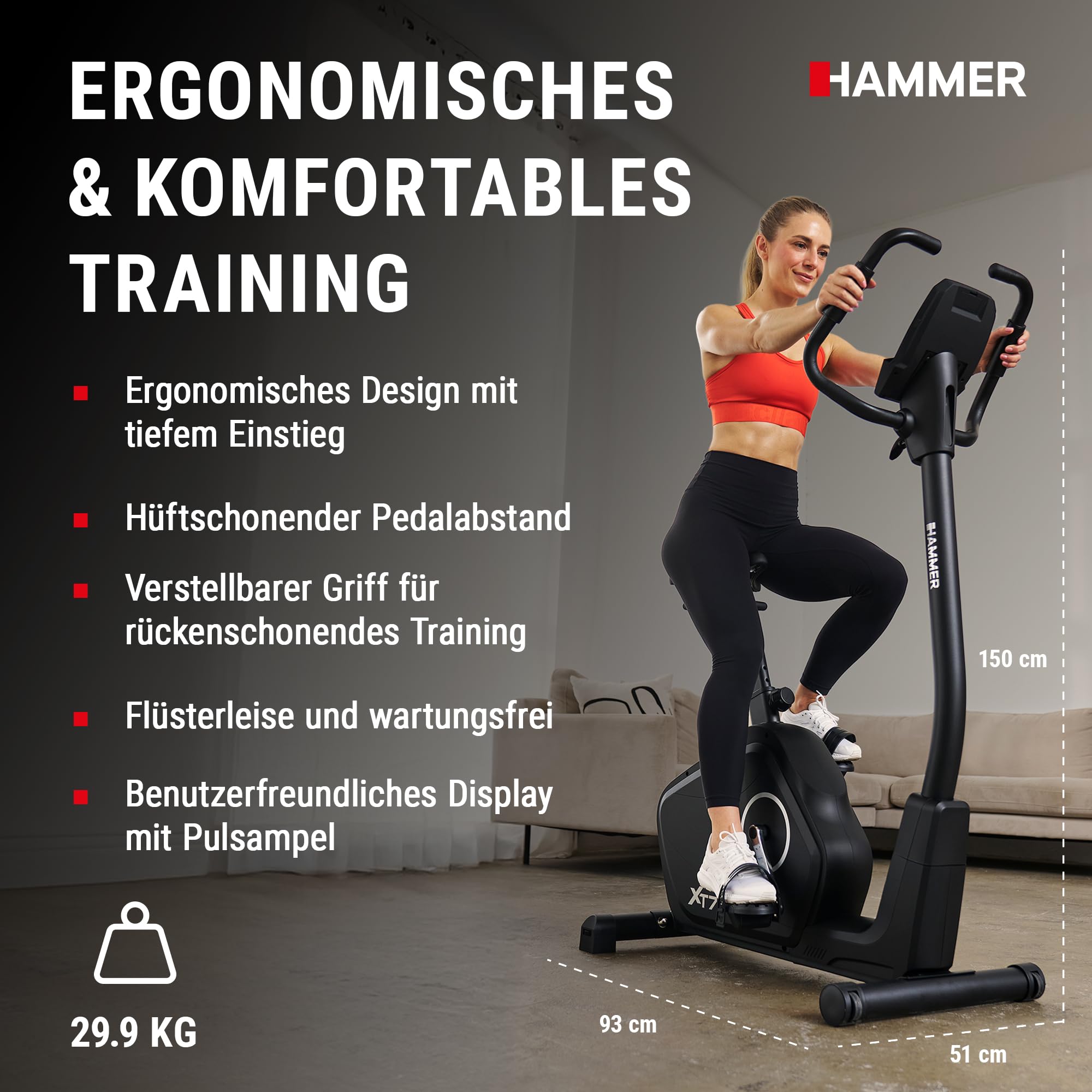 HAMMER Ergometer Cardio XT7 – leiser Heimtrainer für Zuhause mit tiefem Einstieg, App Kompatibel mit Kinomap, 8 kg Schwungmassensystem, 24 Programme, Hometrainer Fahrrad bis 130 kg