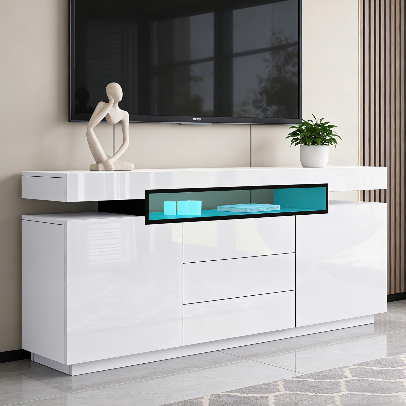 Modernes Weiß Glanz Sideboard, LED Sideboard Aufbewahrungsschrank, 160 x 35 x 72 cm, Wohnzimmer, 2 Türen, 3 Schubladen, TV-Einheit