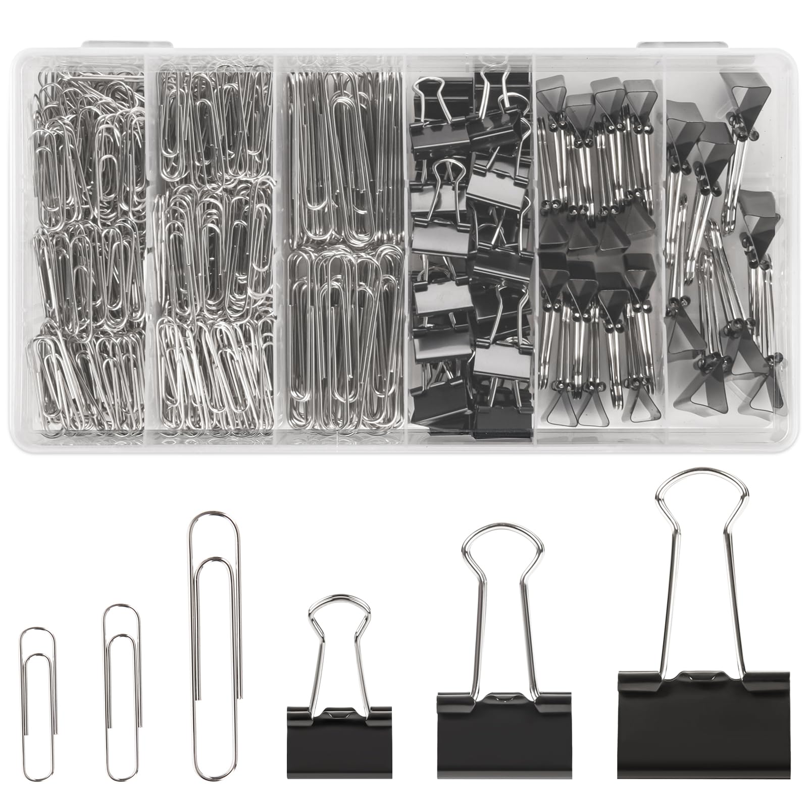 500 clips de papel y clips de carpeta de varios tamaños, clips de papel plateados y clips negros para el hogar, escuela, suministros de oficina