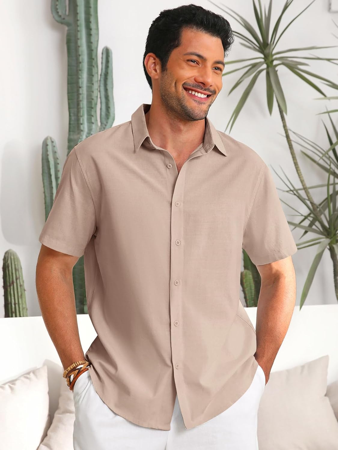 Runcati Mens Button Down Linen Shirts Short Sleeve Casual Collared Summer Beach Untucked Tops - Image 2