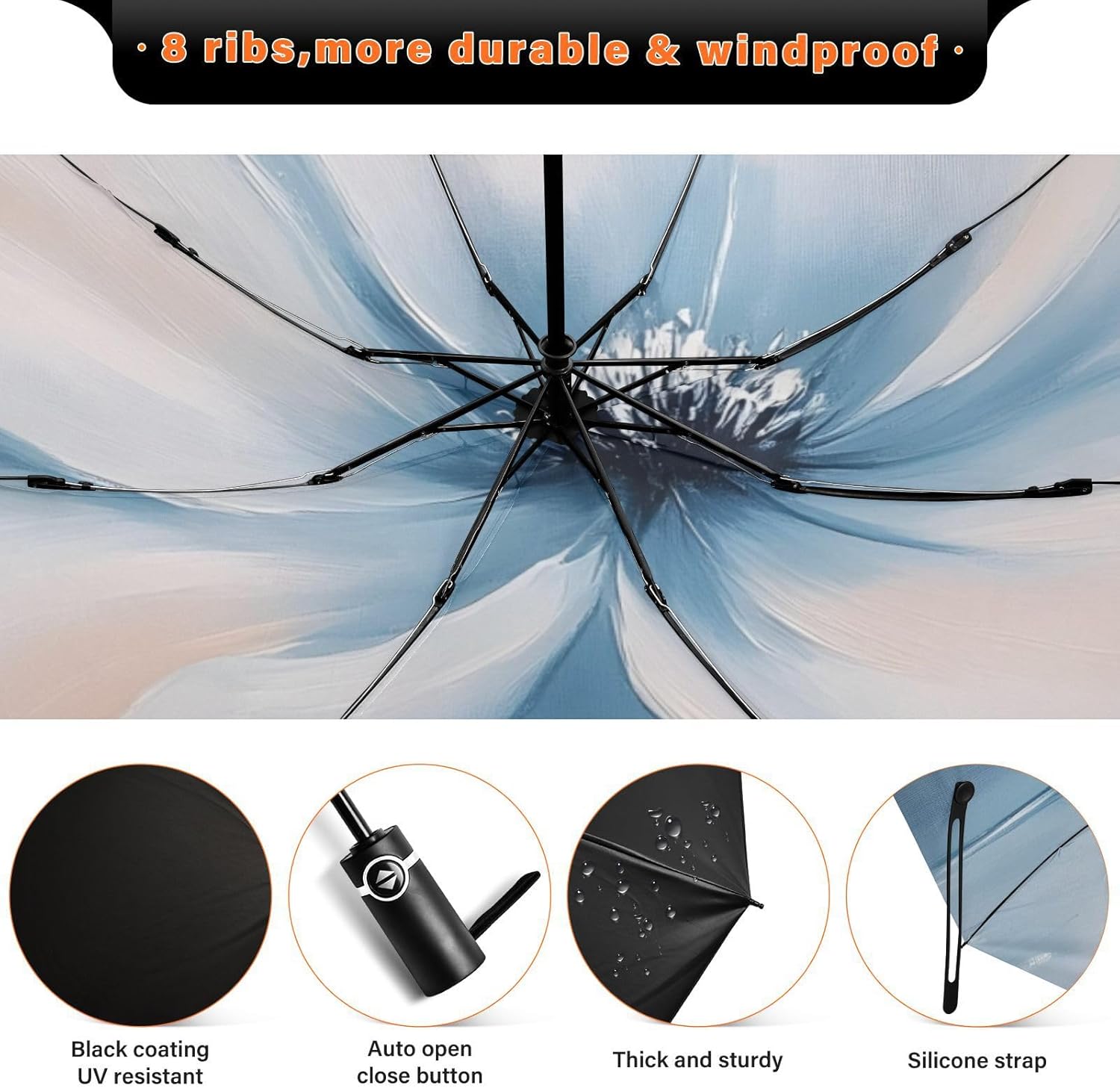 UV Protection Travel Umbrella Floral White Art Compact for Rain and Sun - Auto Open and Close UPF 50+ Windproof Portable 46” Sun Umbrella for Women and Men