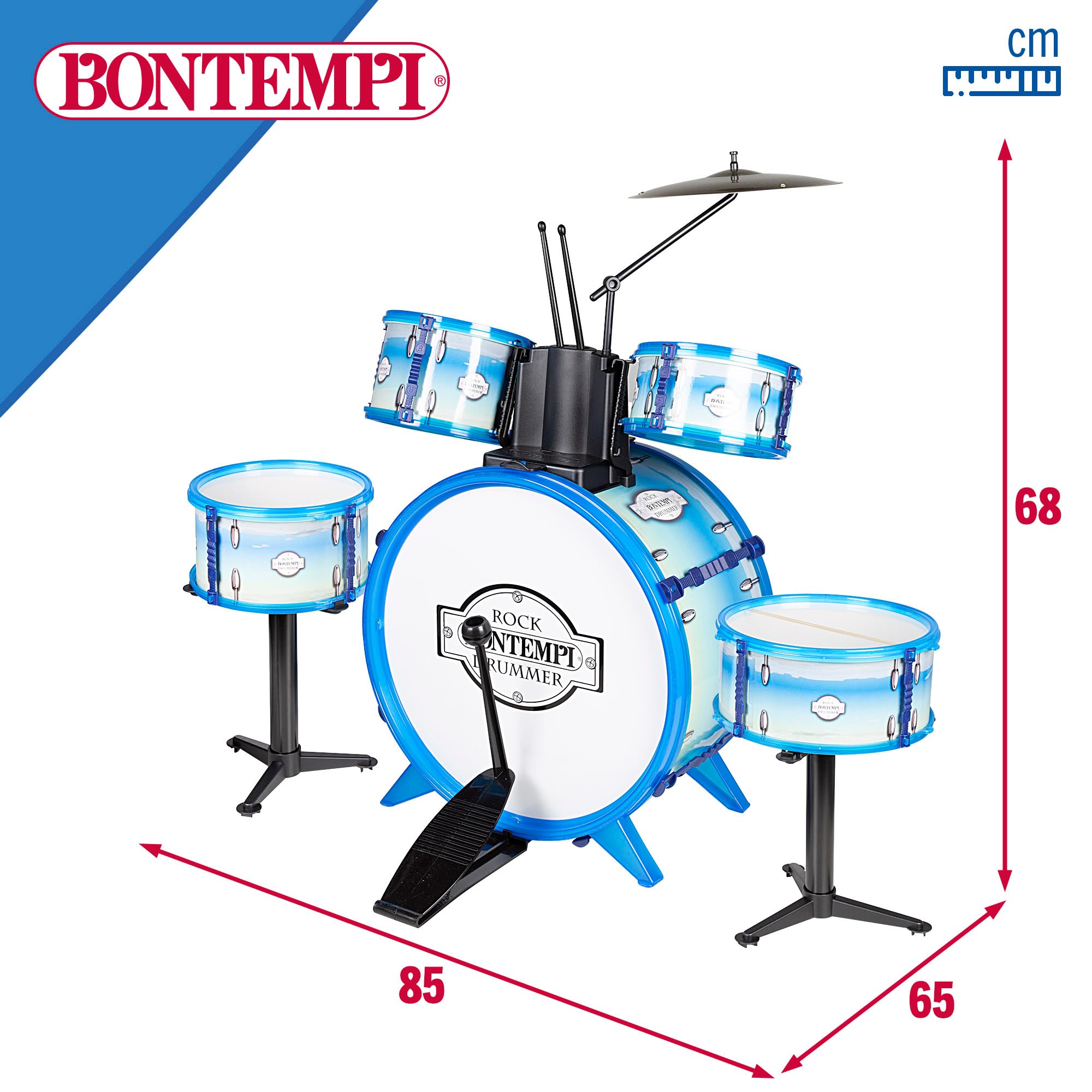 Bontempi-51 4831 – Batterie Rock Drummer 5 fûts, 514831, Blanc Bleu
