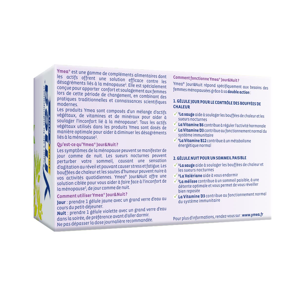 Ymea Jour & Nuit - Complément Alimentaire ménopause1 - actifs végétaux et vitamines - contrôle des bouffées de chaleur1 et sommeil paisible2;3-128 gélules - 2 mois