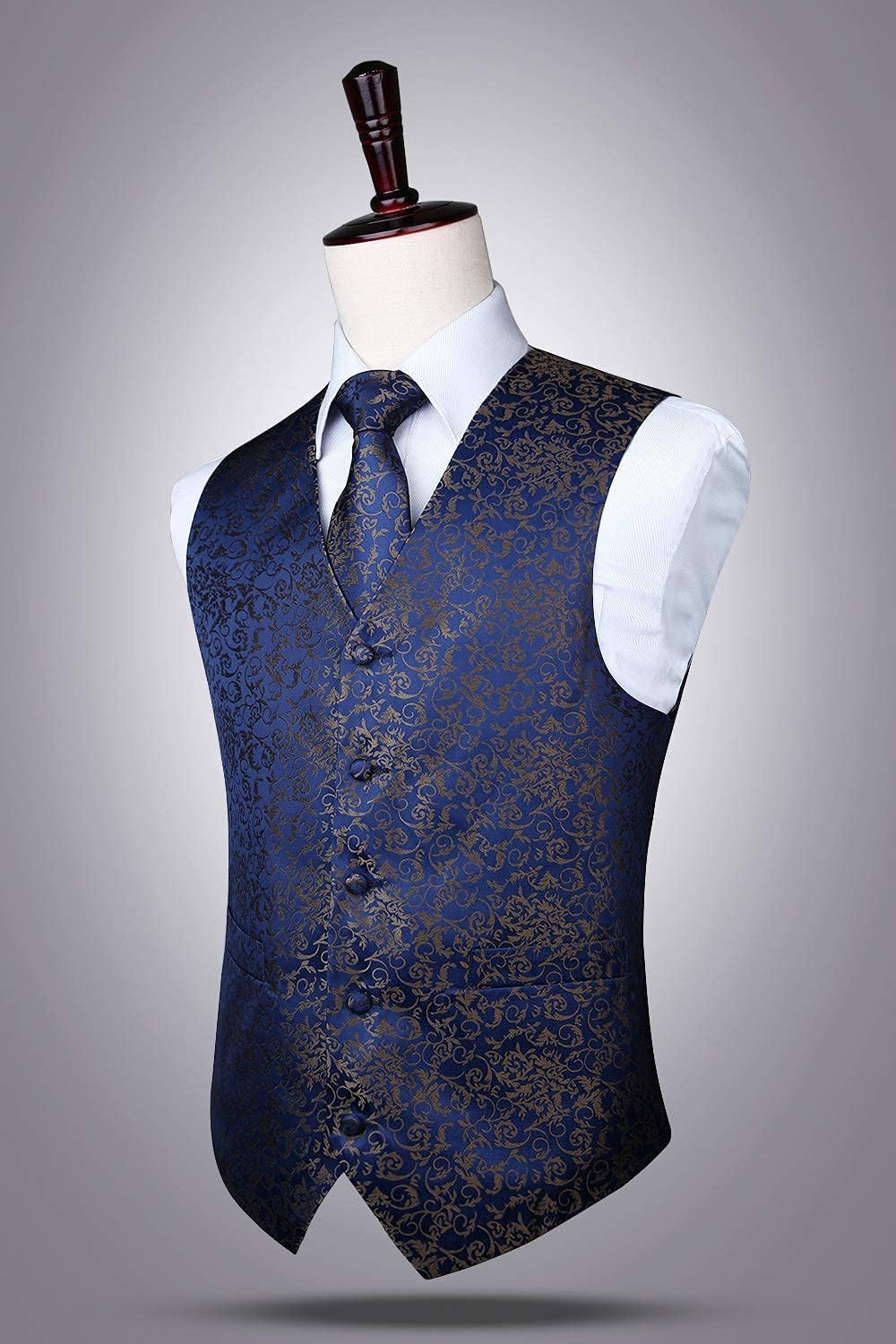 HISDERN 3PC Men's Paisley Floral Jacquard Suit Vest & Necktie and Pocket Square Formal Waistcoat for Tuxedo Wedding Party… - Image 7