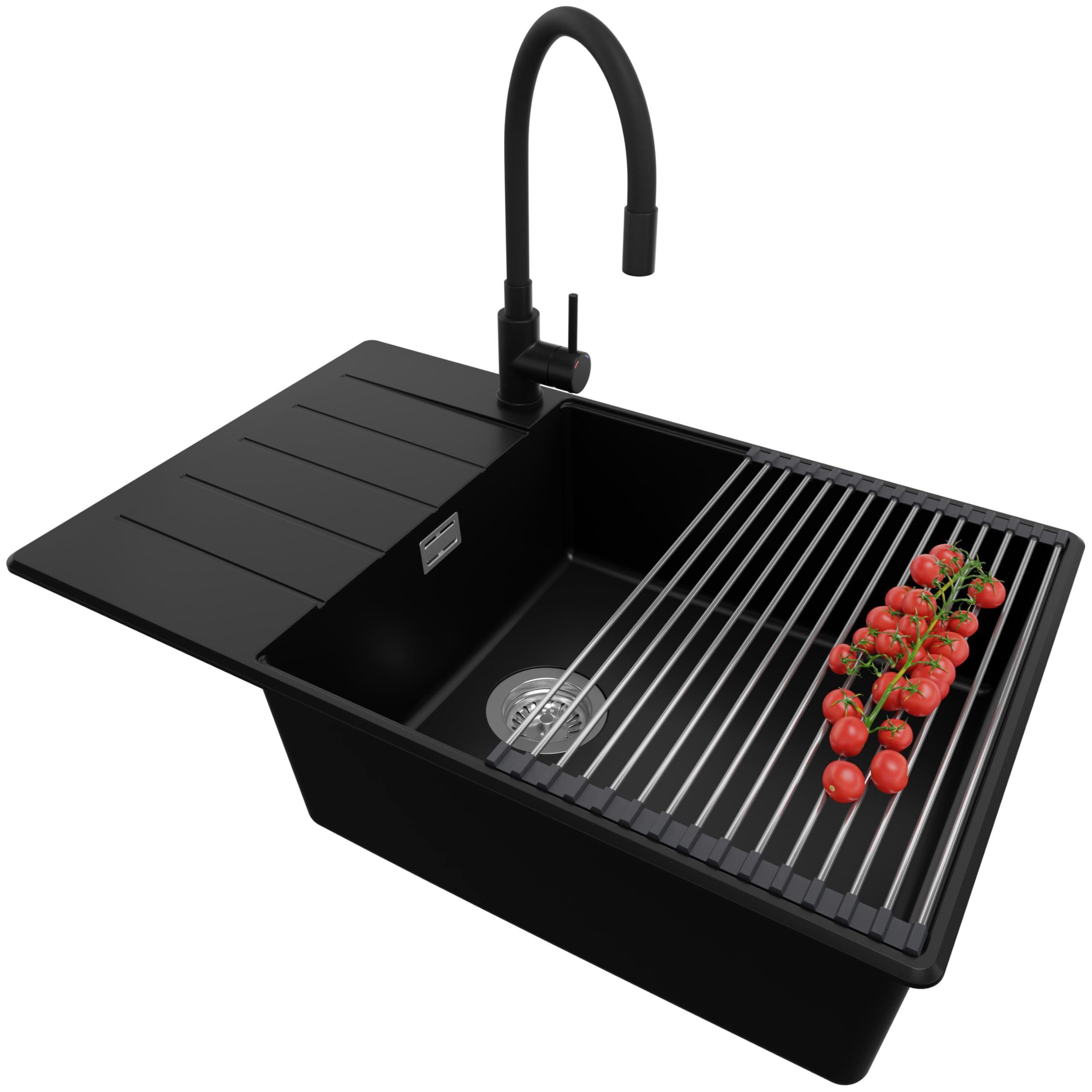 PRIMAGRAN Lavandino da Cucina Nero 78x50cm, Lavello in Granito a 1 vasca + Rubinetto 40x38cm + Set di accessori, Lavabo da Cucina Incasso al Mobile 60cm - Copenhagen Top S613