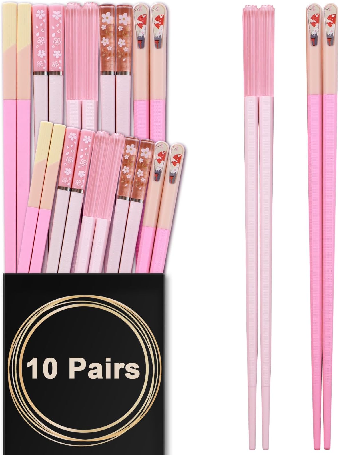 GLAMFIELDS Chopsticks Reusable Dishwasher Safe, 10 Pairs 9.5 Inches Premium Fiberglass Chop Sticks Set for Sushi, Ramen, Asian Cuisine, Non-slip, Pink