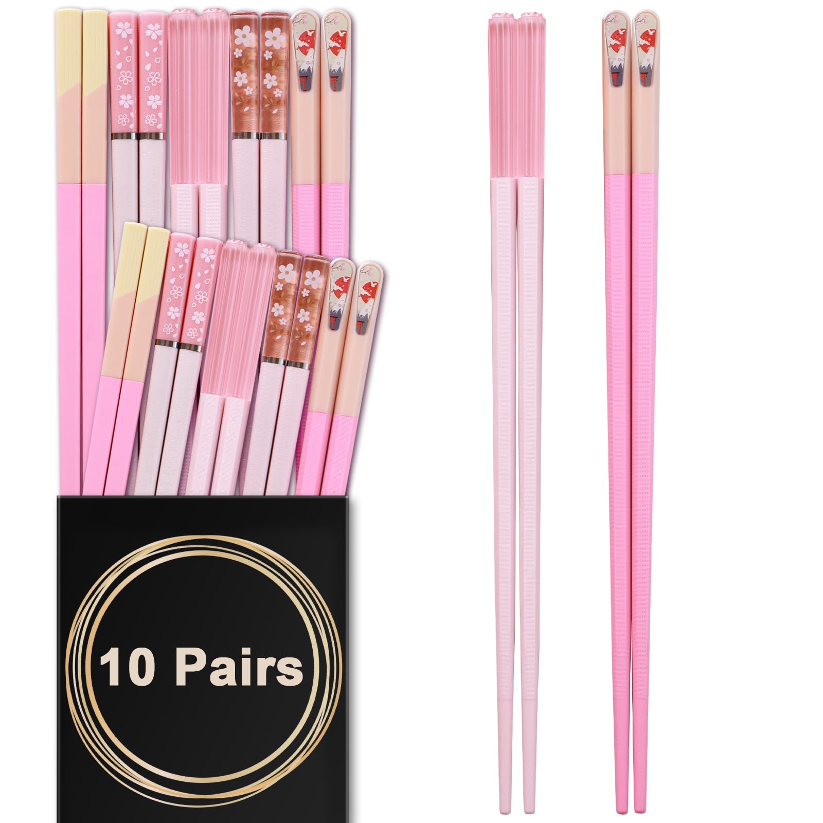GLAMFIELDSChopsticks Reusable Dishwasher Safe, 10 Pairs 9.5 Inches Premium Fiberglass Chop Sticks Set for Sushi, Ramen, Asian Cuisine, Non-slip, Pink