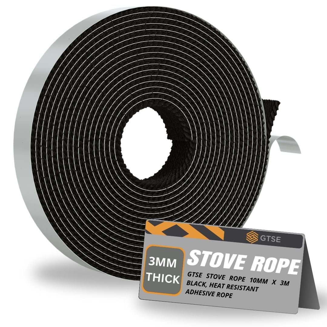 Gtse Black 10Mm X 3M Stove Rope, 3Mm Thick, Heat Resistant Self-Adhesive Rope For Stoves, Fireplaces, Oven Door, Chimney Sealant Strip