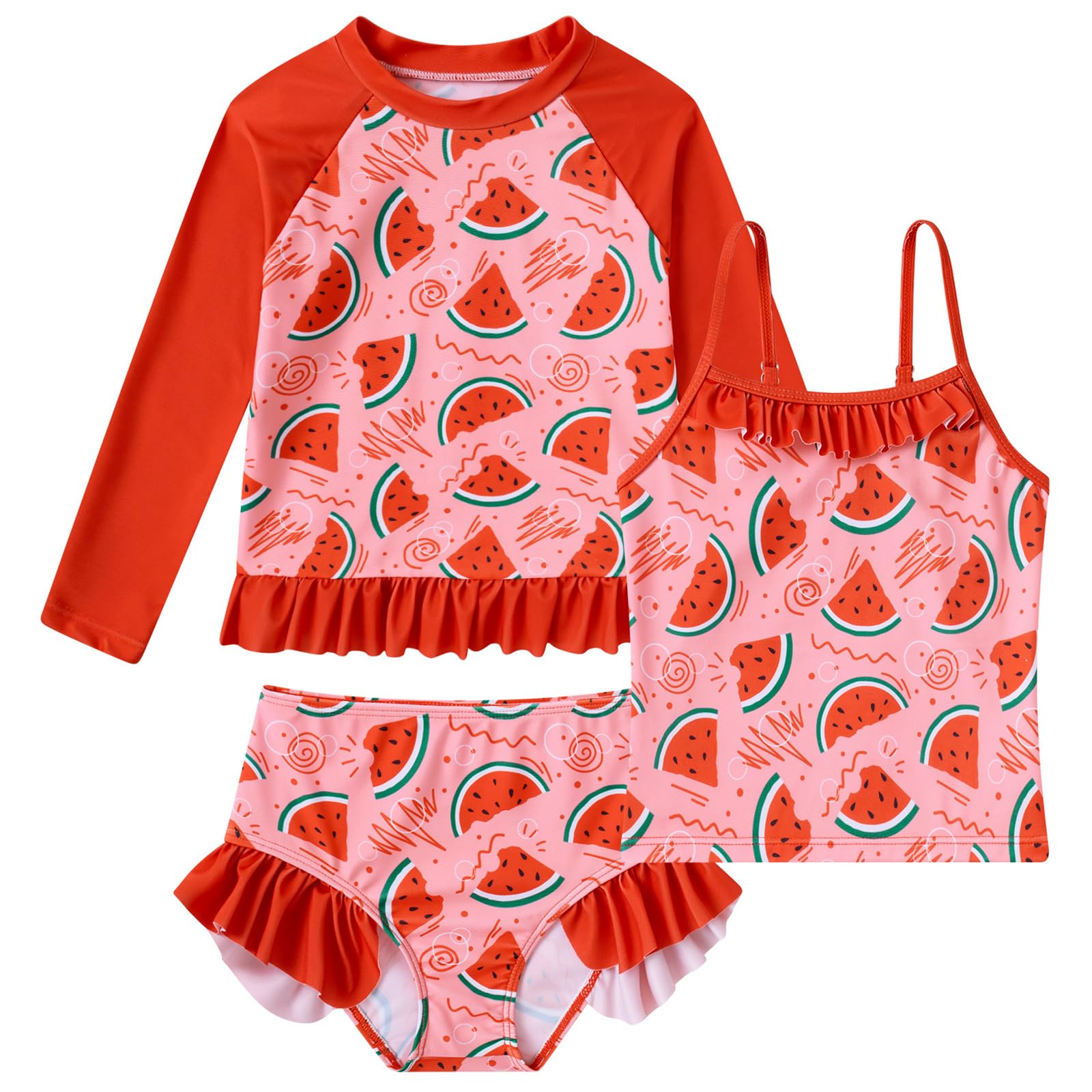 BFUSTYLE Girls Swimsuit 3 Pieces Rash Guard Kids Bathing Suit 3-8 Years | Funny Sun Protection Quick Dry Summer Beach Long Sleeves Swimwear Tankini Set