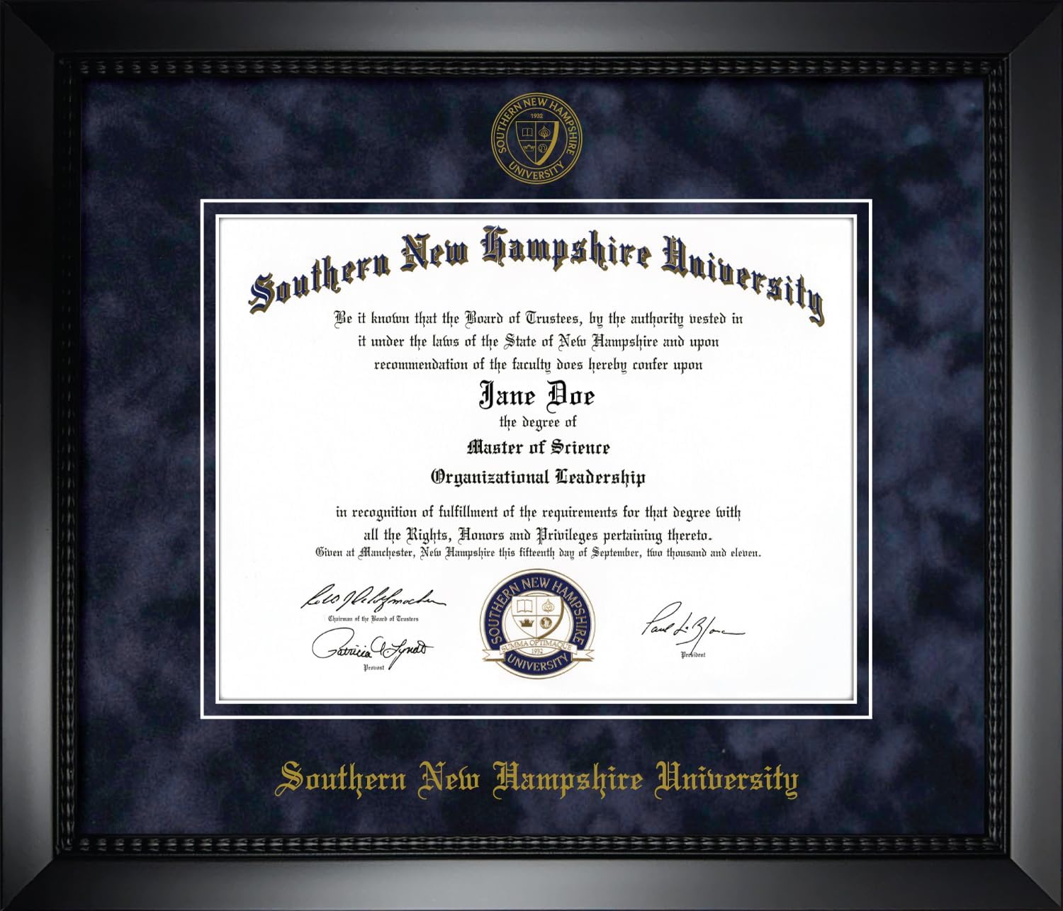 Southern New Hampshire University SNHU Diploma Frame - Officially Licensed - Matte Black Composite Eco-Friendly TreehuggerTM Frame With Navy Suede Mat