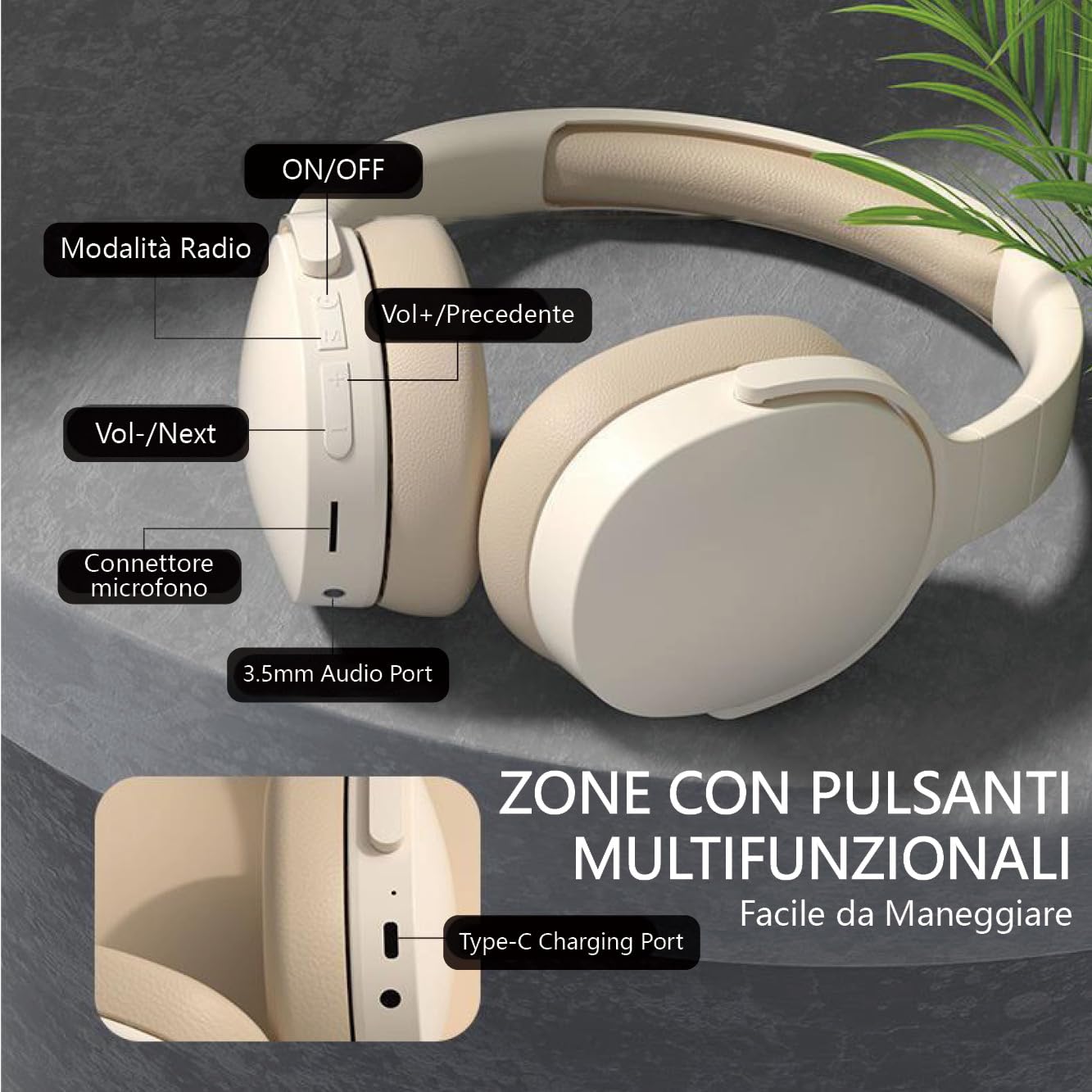 AndThere Cuffie Bluetooth Over-Ear Con Noise Cancelling – Suono Hi-Fi, Pieghevoli, 10 Ore Di Autonomia E Microfono Integrato - 3