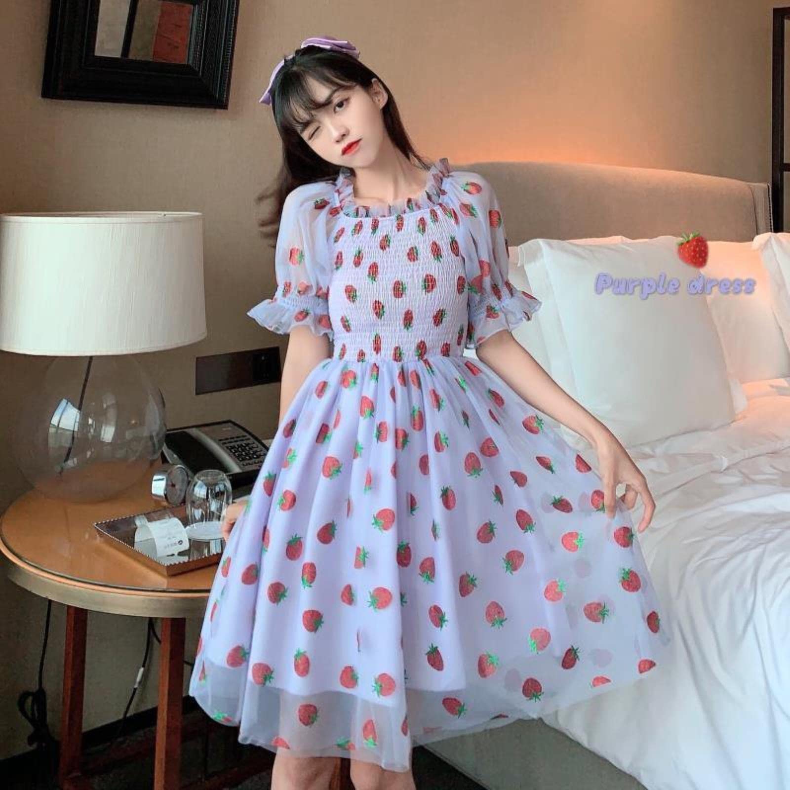 Strawberry Dress Women French Lace Chiffon Sweet Dress Casual Puff Sleeves  Elegant Print Kawaii Dress Women-white,L : Amazon.co.uk: Fashion