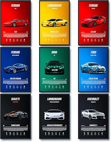 9 pósteres de súper auto para habitación de niños, decoración de pared de coche deportivo, arte de pared de automóvil de carreras para hombres y