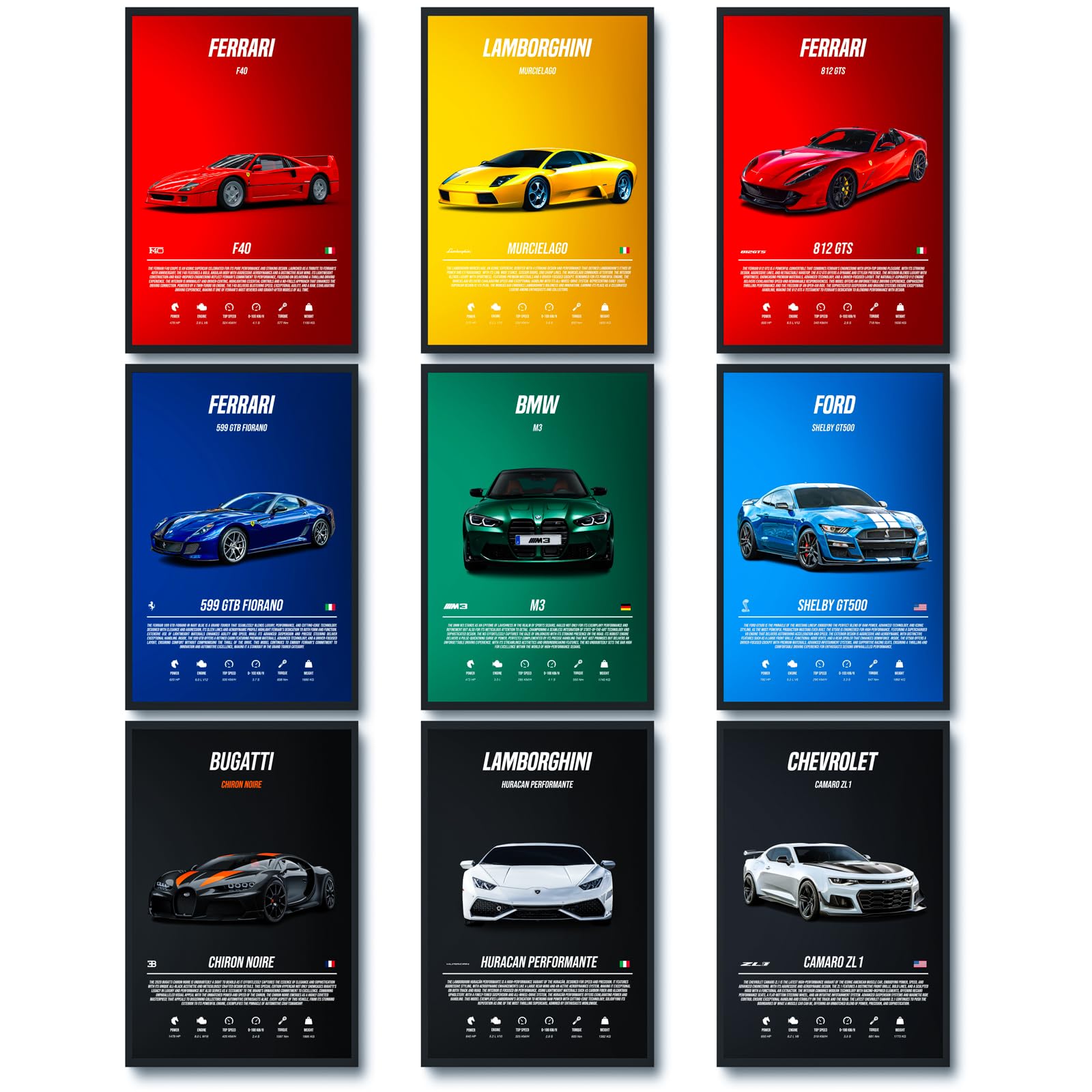 Photo 1 of 9pcs Super Car Posters for Boys Room, Sports Car Wall Decor, Racing Car Wall Art for Men Guys, Race Cars Pictures Wall Decor for Bedroom Dorm Man Cave (Unframe,8x12inch)