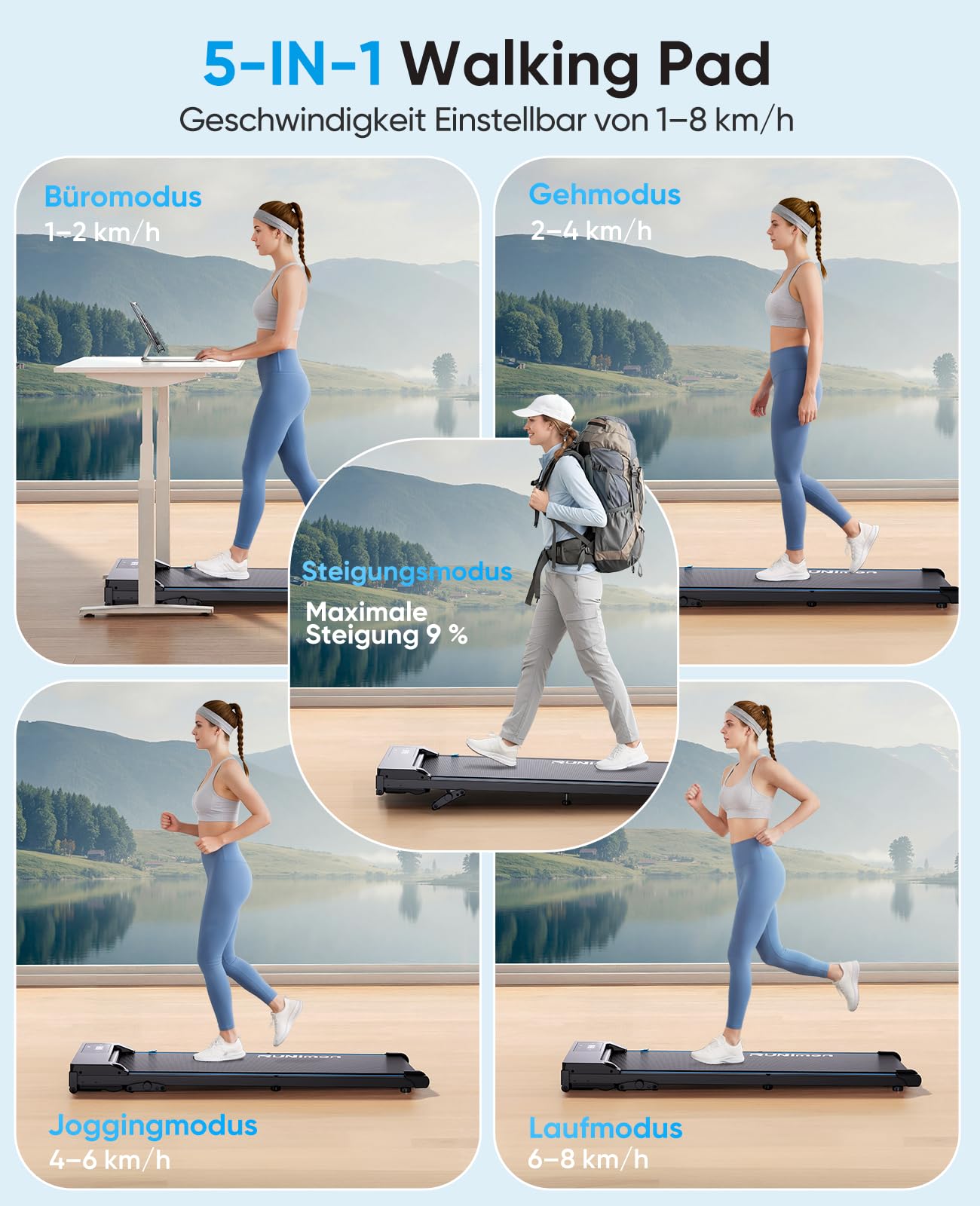 Walking Pad mit Steigung 9%, 5-IN-1 Walking Pad Laufband Schreibtisch, Laufband für Zuhause klein Mit 2,75PS bürstenlosem Motor,LED-Anzeige & APP, Fernbedienung, 8KM/H,130KG
