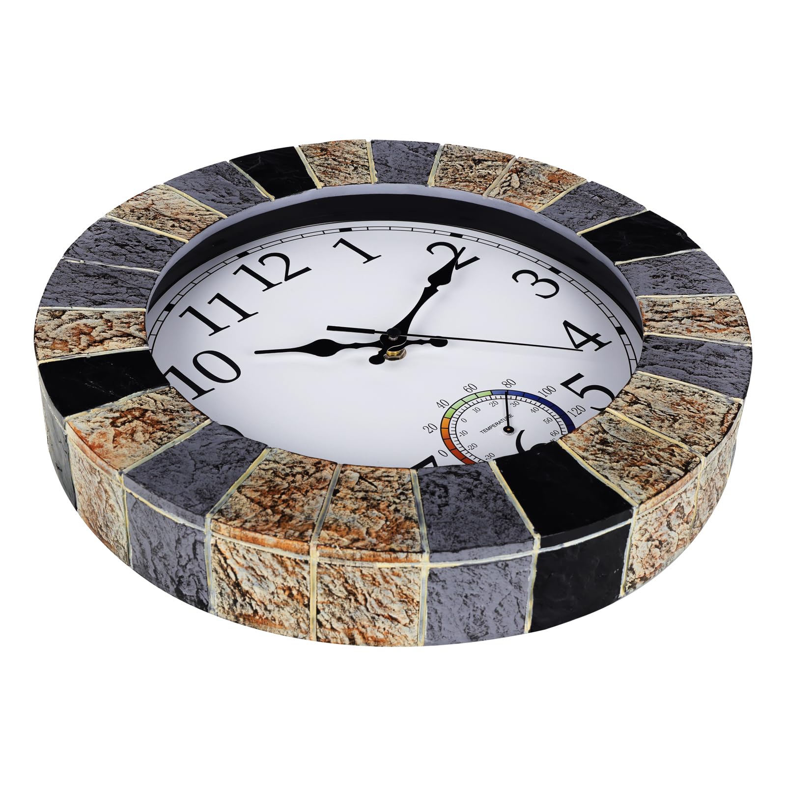 Horloge murale d'extérieur étanche avec thermomètre - 33 cm - Silencieuse et rustique - En résine résistante aux intempéries - Pour terrasse, piscine, jardin, porche, fausse pierre marron