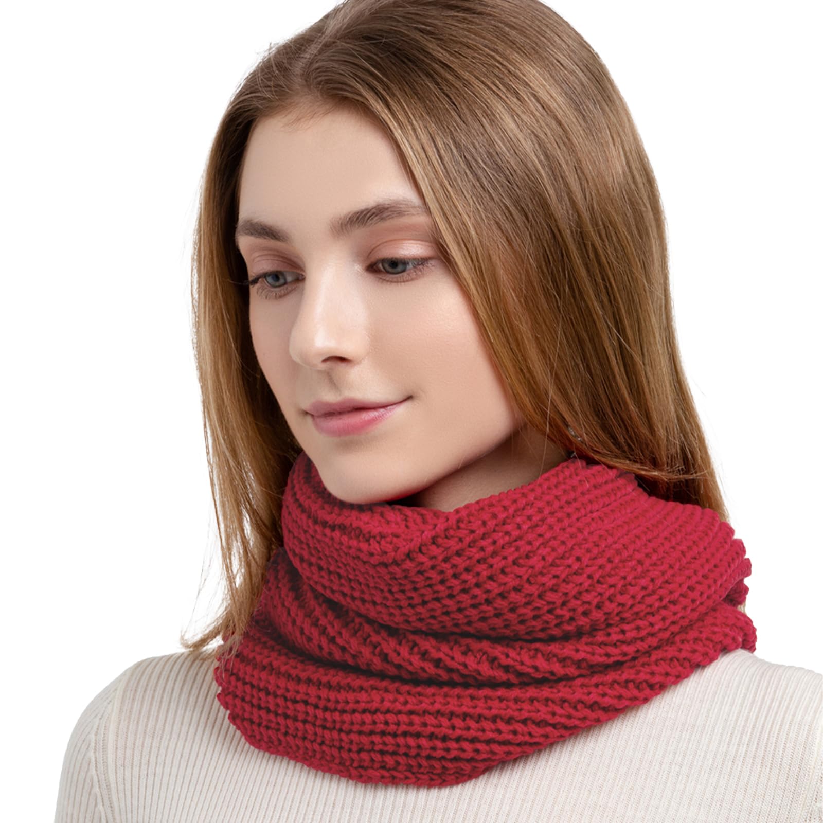 SGQTZDZQ Infinity Scarf Thermal Knitted Scarf, Neck Warmer Loop Scarf for Women, Winter Burgundy Scarf Women Scarf Gifts for Women (Wine Red)