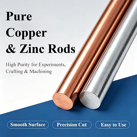 99.995% & 99.98% Pure Copper Zinc Rods 3/8 x 4(2PCS,10 * 102mm) | Solid Bare Copper Zinc Metal Rod Bar for School Scientific Experiment Research DIY Craft Hobbies & Metal Projects
