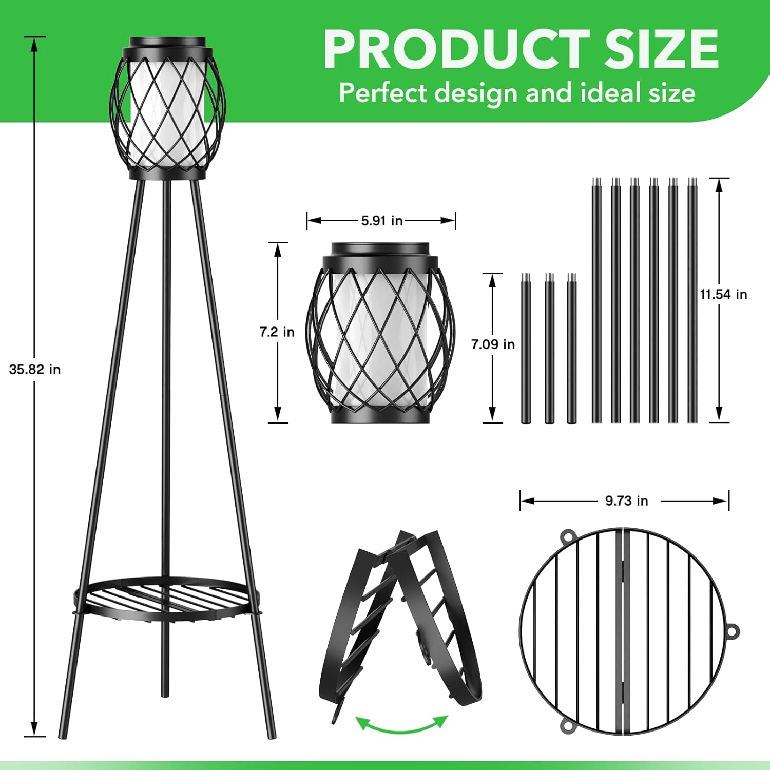 Solar Lights Outdoor with Plant Stands 2 Pack, Solar Floor Lamp Metal Tripod Patio Lights for Garden Yard Pathway Driveway Front/Back Porch Decoration-B- 2Pack Black - Single shelf