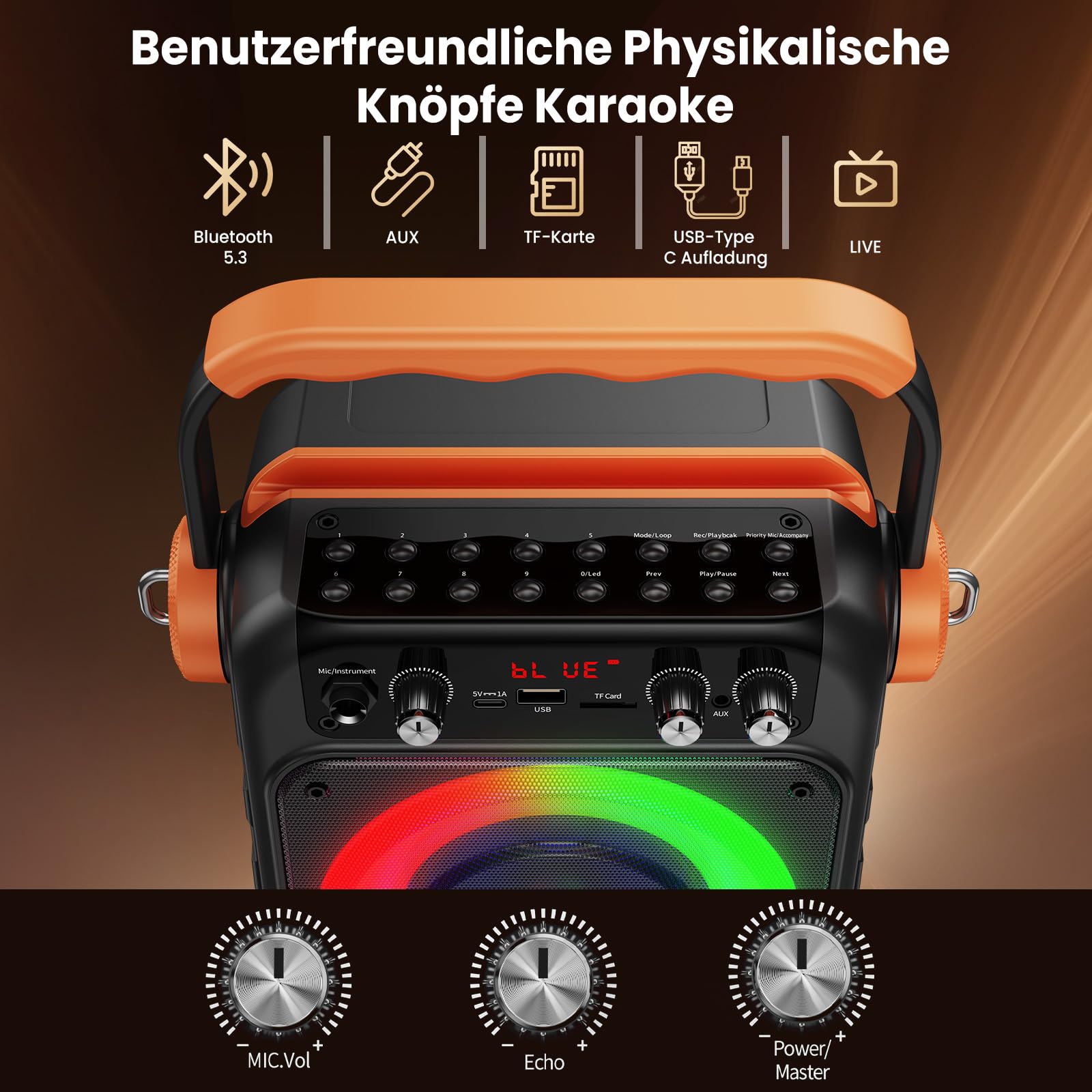 JYX Karaoke-Maschine mit 2 Mikrofonen, 80W Bluetooth 5.3 PA-Lautsprecher | 80W Leistung, TWS, USB, TF, AUX und Live, LED-Lichteffekte für Karaoke, Partys, Zuhause, Garten und Camping