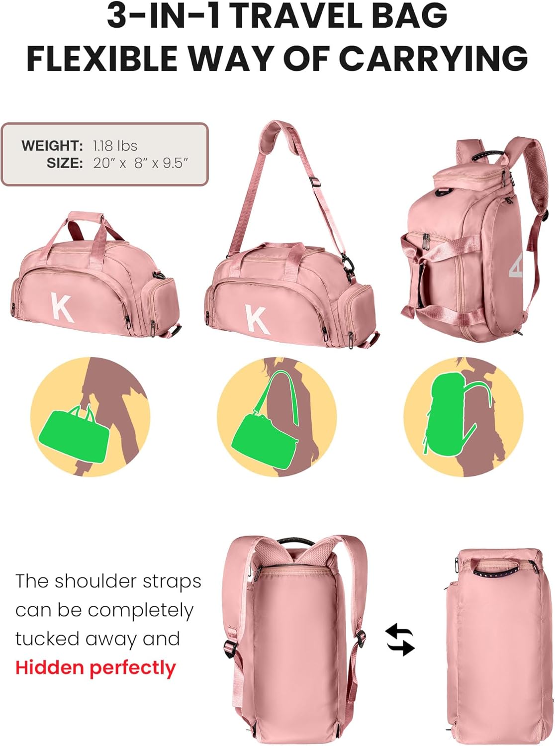 Teen Girl Birthday Gift-Gifts for Teenage Girls, Gym Bags with Shoe Compartment, Dance Bag for Girls, Kid Overnight Bags, Ballet Sport Gymnastics Cheer Travel Duffle Tote (Letter K)